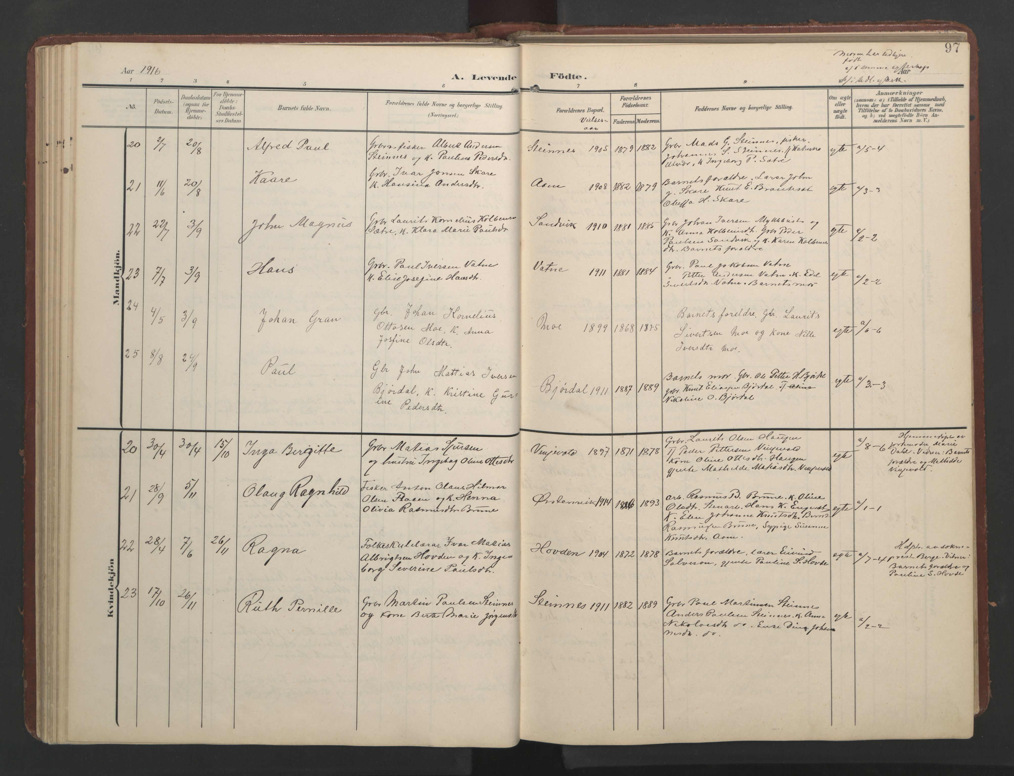 Ministerialprotokoller, klokkerbøker og fødselsregistre - Møre og Romsdal, AV/SAT-A-1454/513/L0190: Klokkerbok nr. 513C04, 1904-1926, s. 97