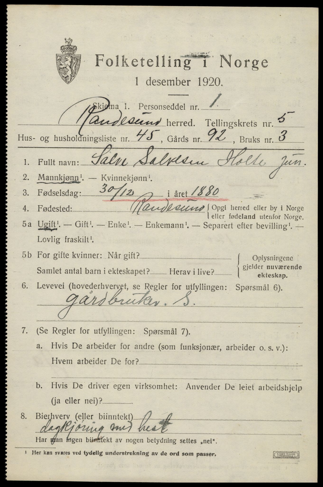 SAK, Folketelling 1920 for 1011 Randesund herred, 1920, s. 2736