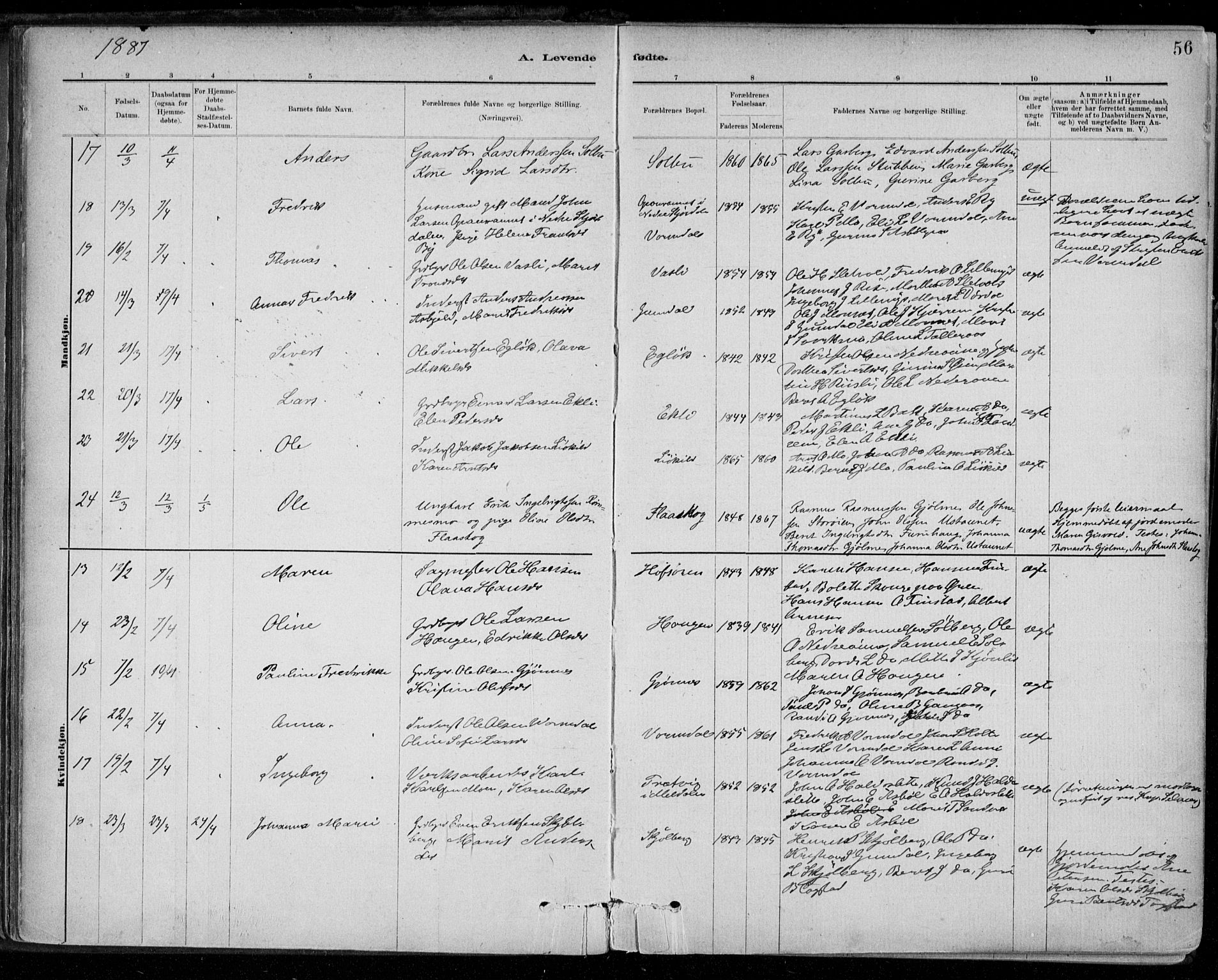 Ministerialprotokoller, klokkerbøker og fødselsregistre - Sør-Trøndelag, SAT/A-1456/668/L0809: Ministerialbok nr. 668A09, 1881-1895, s. 56