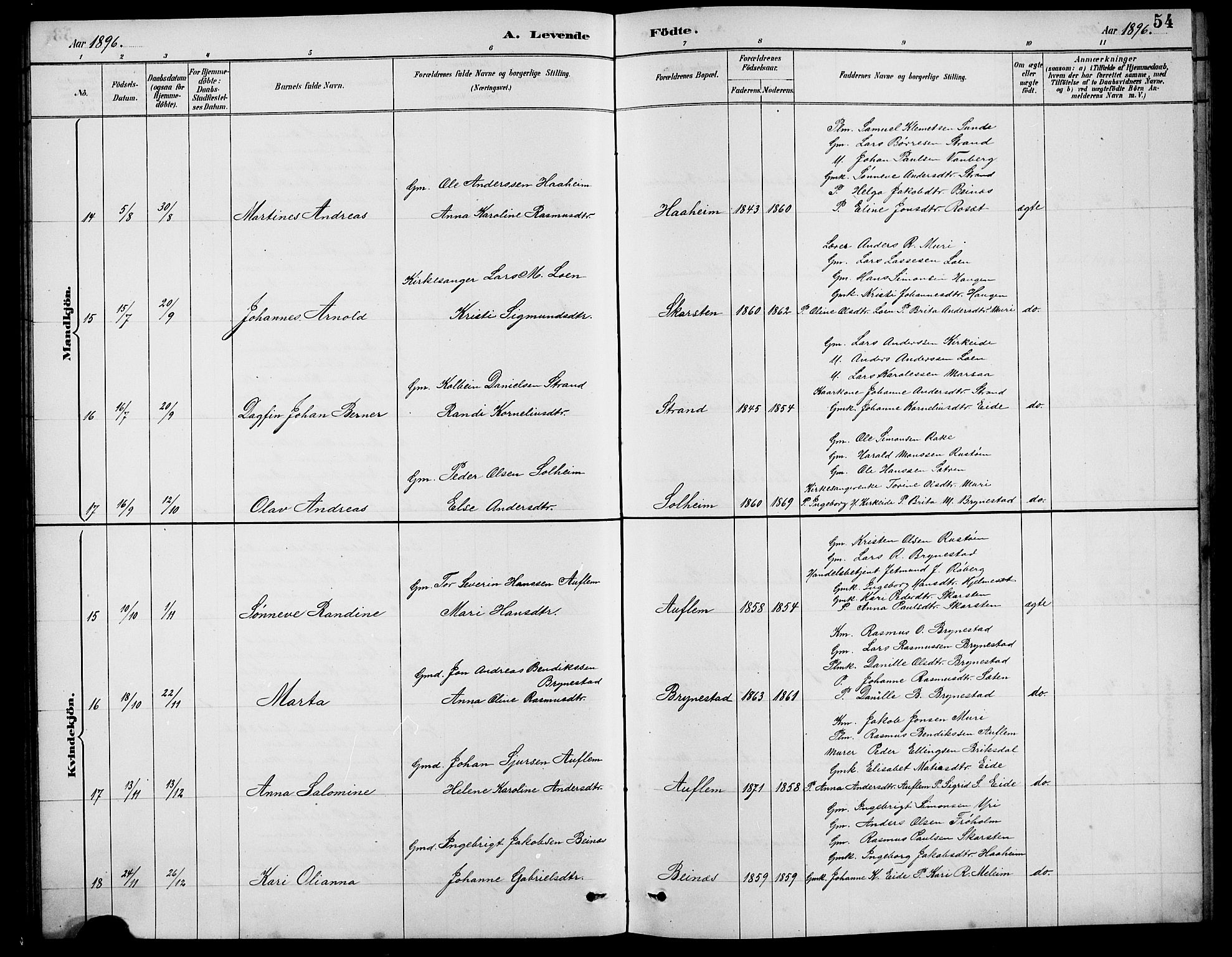 Innvik sokneprestembete, AV/SAB-A-80501: Klokkerbok nr. B 3, 1886-1897, s. 54