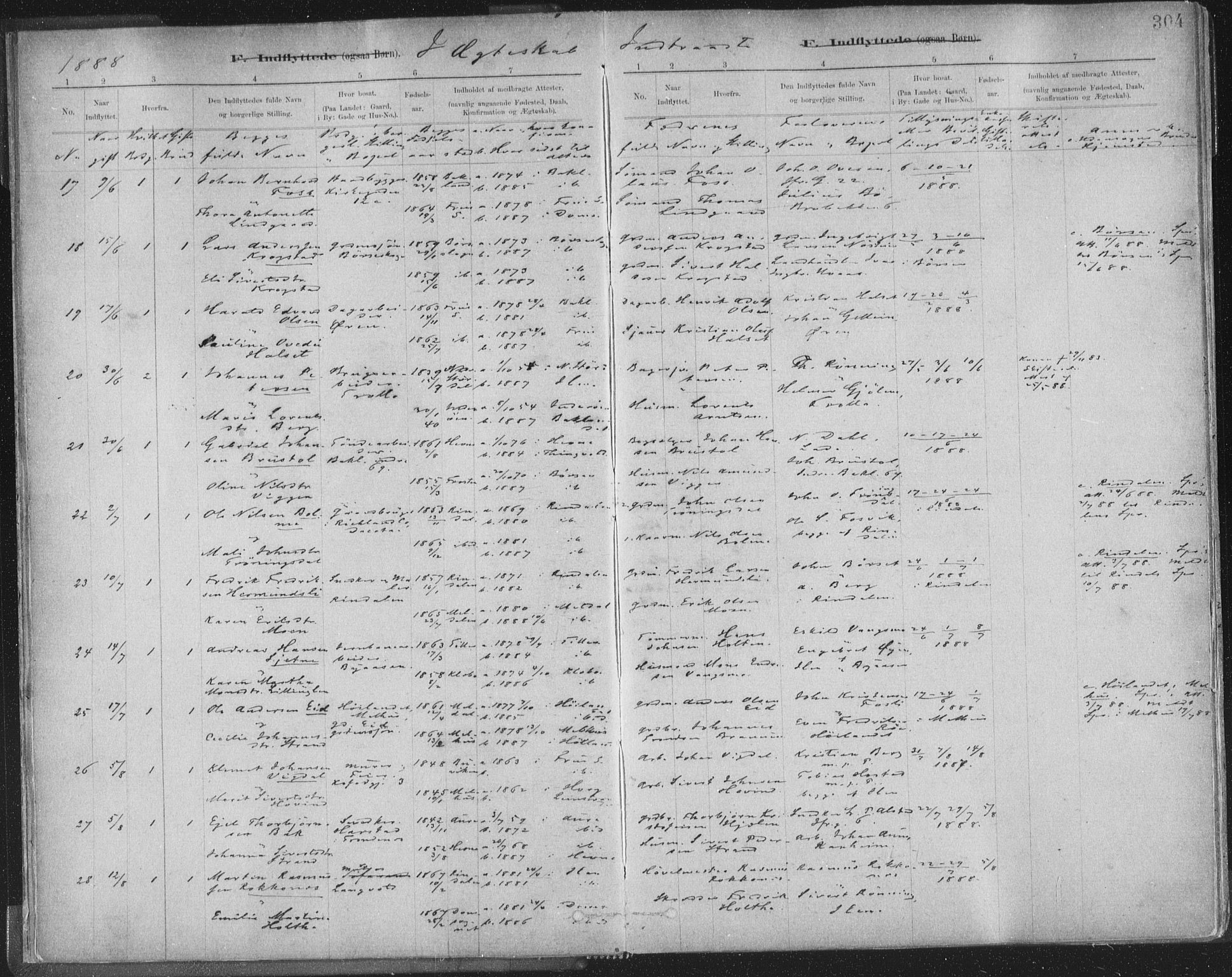 Ministerialprotokoller, klokkerbøker og fødselsregistre - Sør-Trøndelag, SAT/A-1456/603/L0163: Ministerialbok nr. 603A02, 1879-1895, s. 304