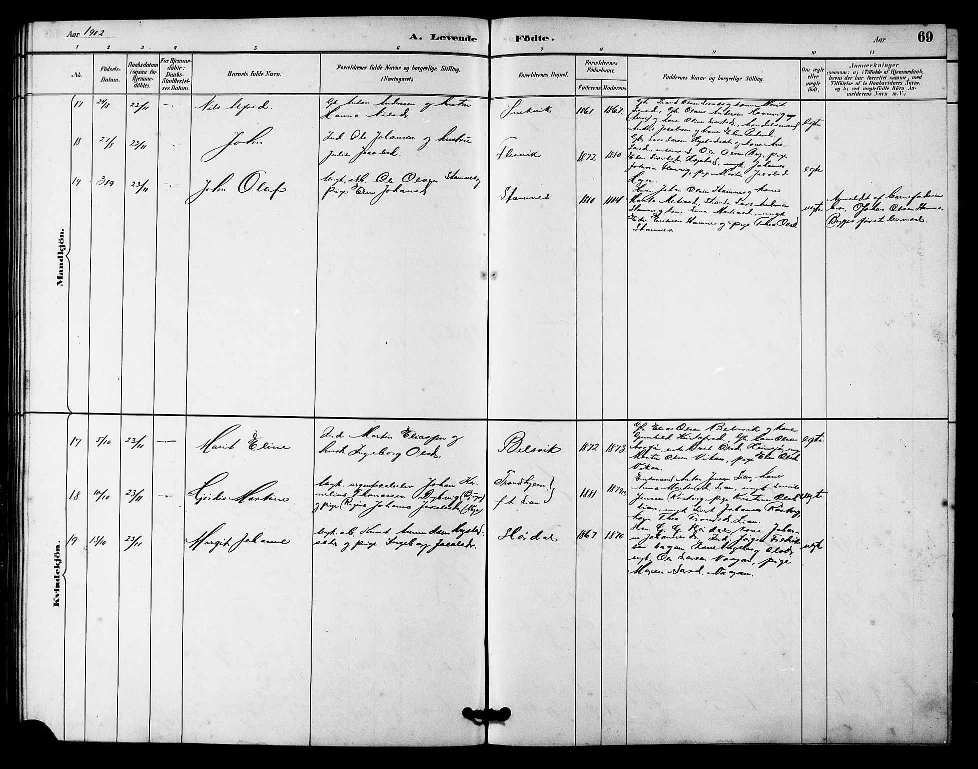 Ministerialprotokoller, klokkerbøker og fødselsregistre - Sør-Trøndelag, AV/SAT-A-1456/633/L0519: Klokkerbok nr. 633C01, 1884-1905, s. 69