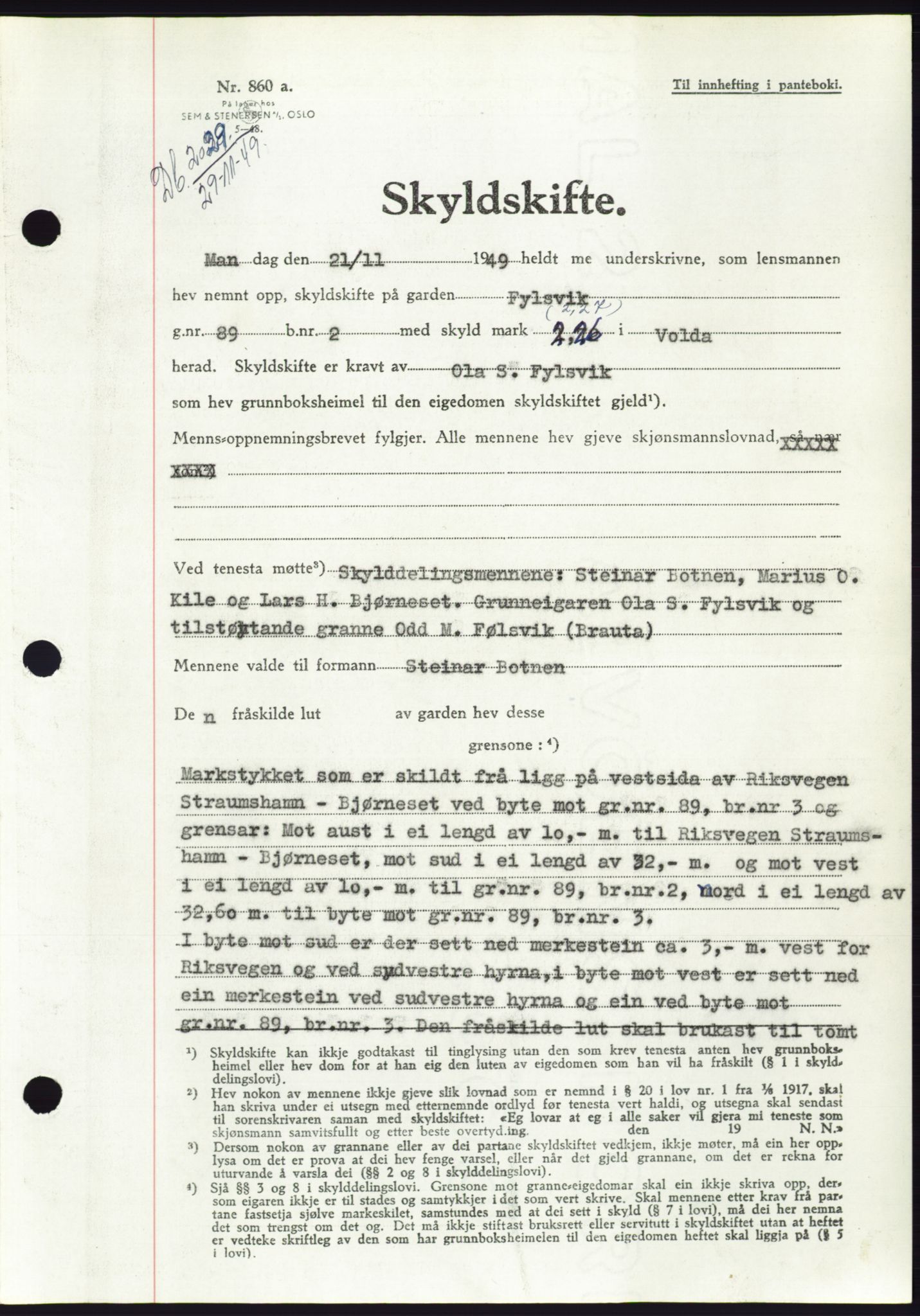 Søre Sunnmøre sorenskriveri, SAT/A-4122/1/2/2C/L0085: Pantebok nr. 11A, 1949-1949, Dagboknr: 2029/1949