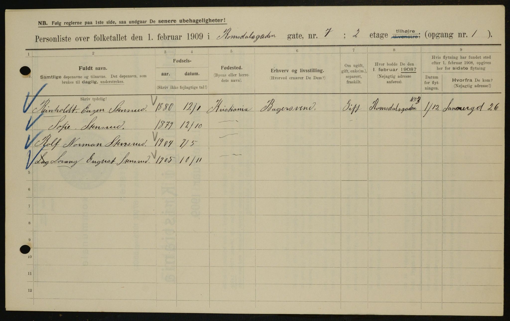 OBA, Kommunal folketelling 1.2.1909 for Kristiania kjøpstad, 1909, s. 75491