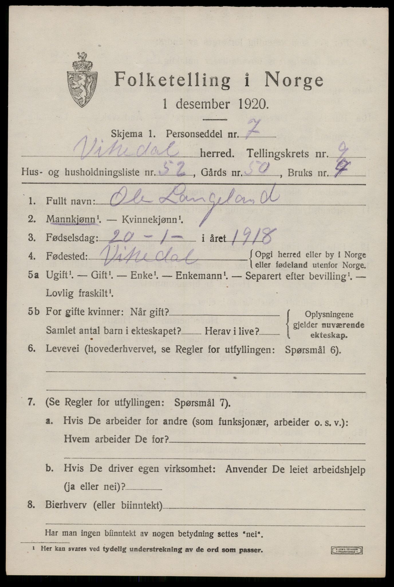 SAST, Folketelling 1920 for 1157 Vikedal herred, 1920, s. 3373