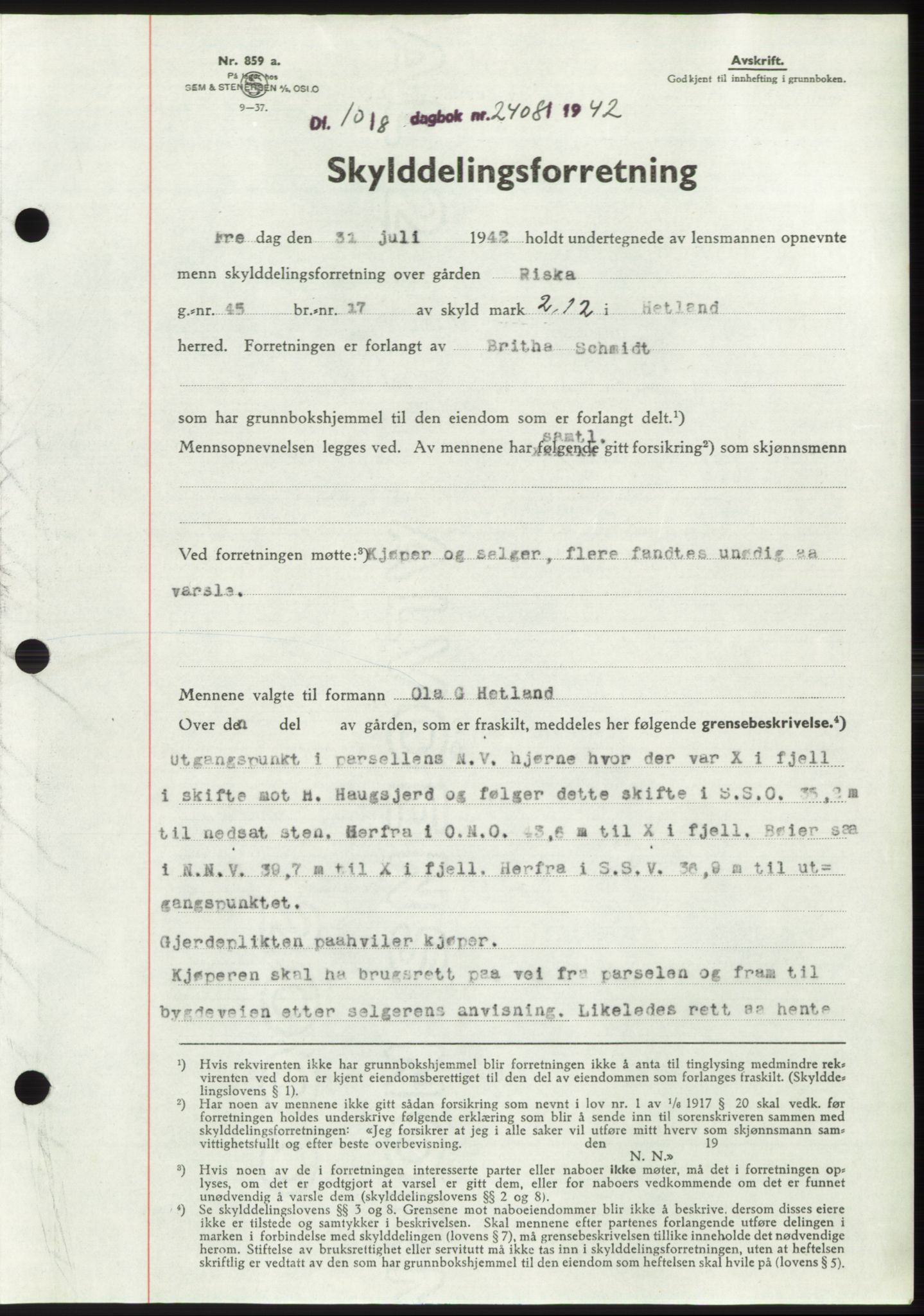 Jæren sorenskriveri, SAST/A-100310/03/G/Gba/L0083: Pantebok, 1942-1942, Dagboknr: 2408/1942