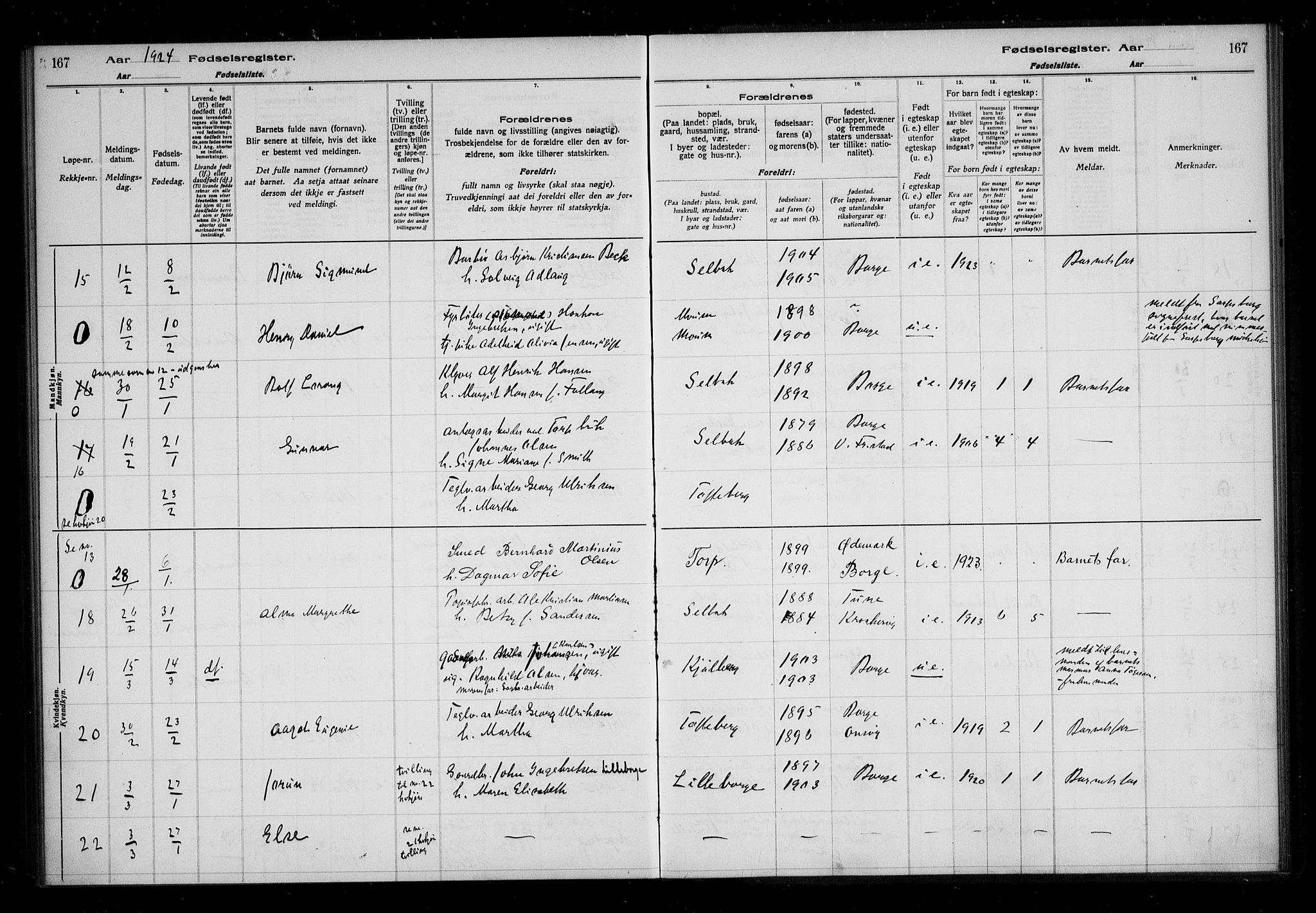 Borge prestekontor Kirkebøker, AV/SAO-A-10903/J/Ja/L0001: Fødselsregister nr. I 1, 1916-1925, s. 167