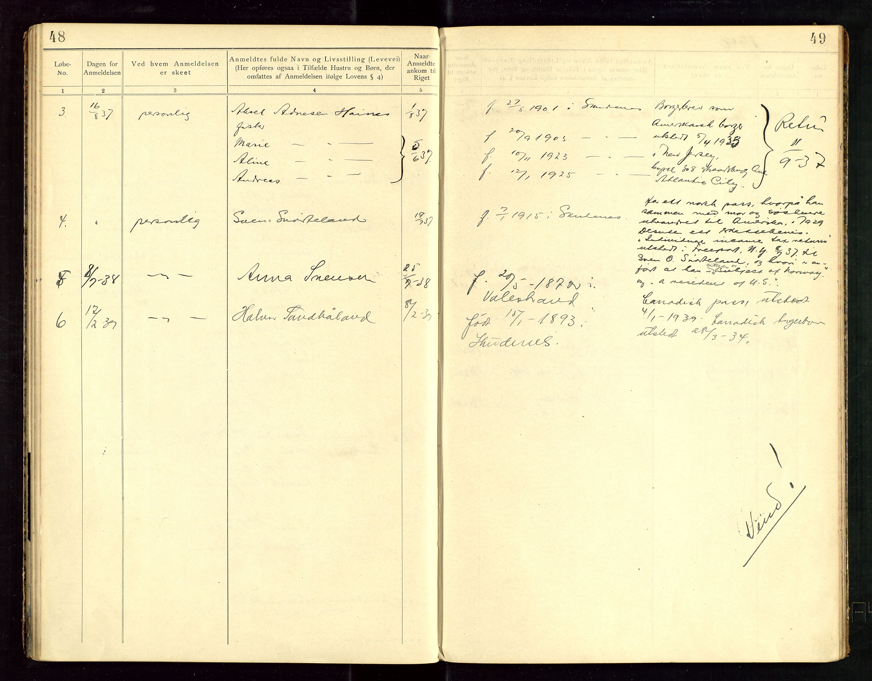Skudenes lensmannskontor, SAST/A-100444/Fea/L0001: "Protokol over anmeldte fremmede Statsborgere", 1903-1945, s. 48-49