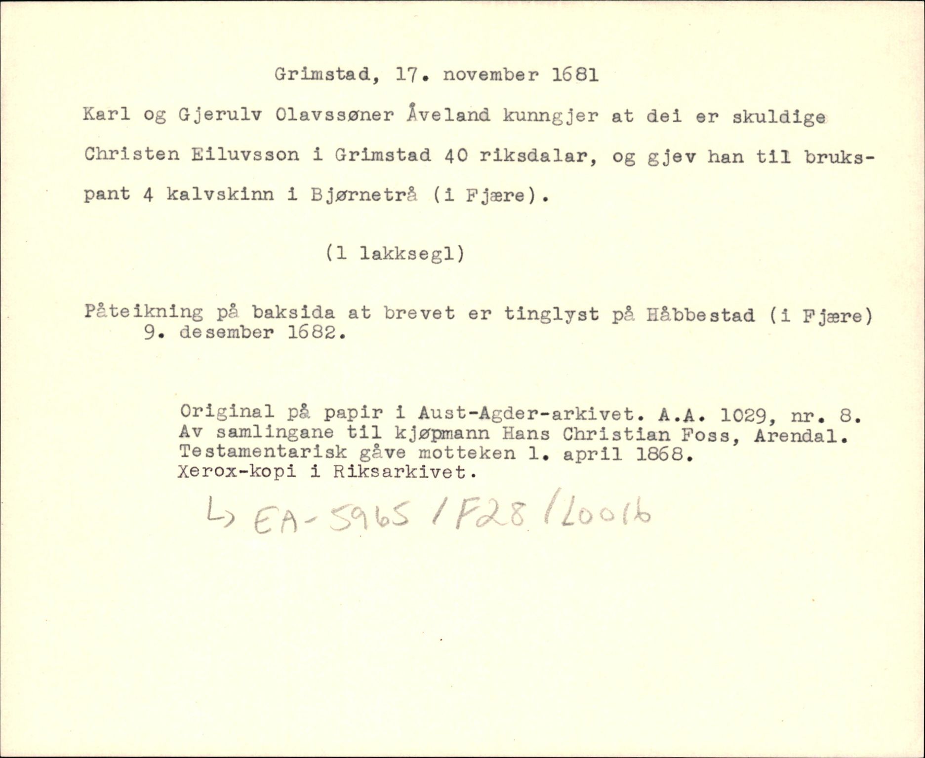 Riksarkivets diplomsamling, AV/RA-EA-5965/F35/F35d/L0005: Innlånte diplomer, seddelregister, 1661-1690, s. 426