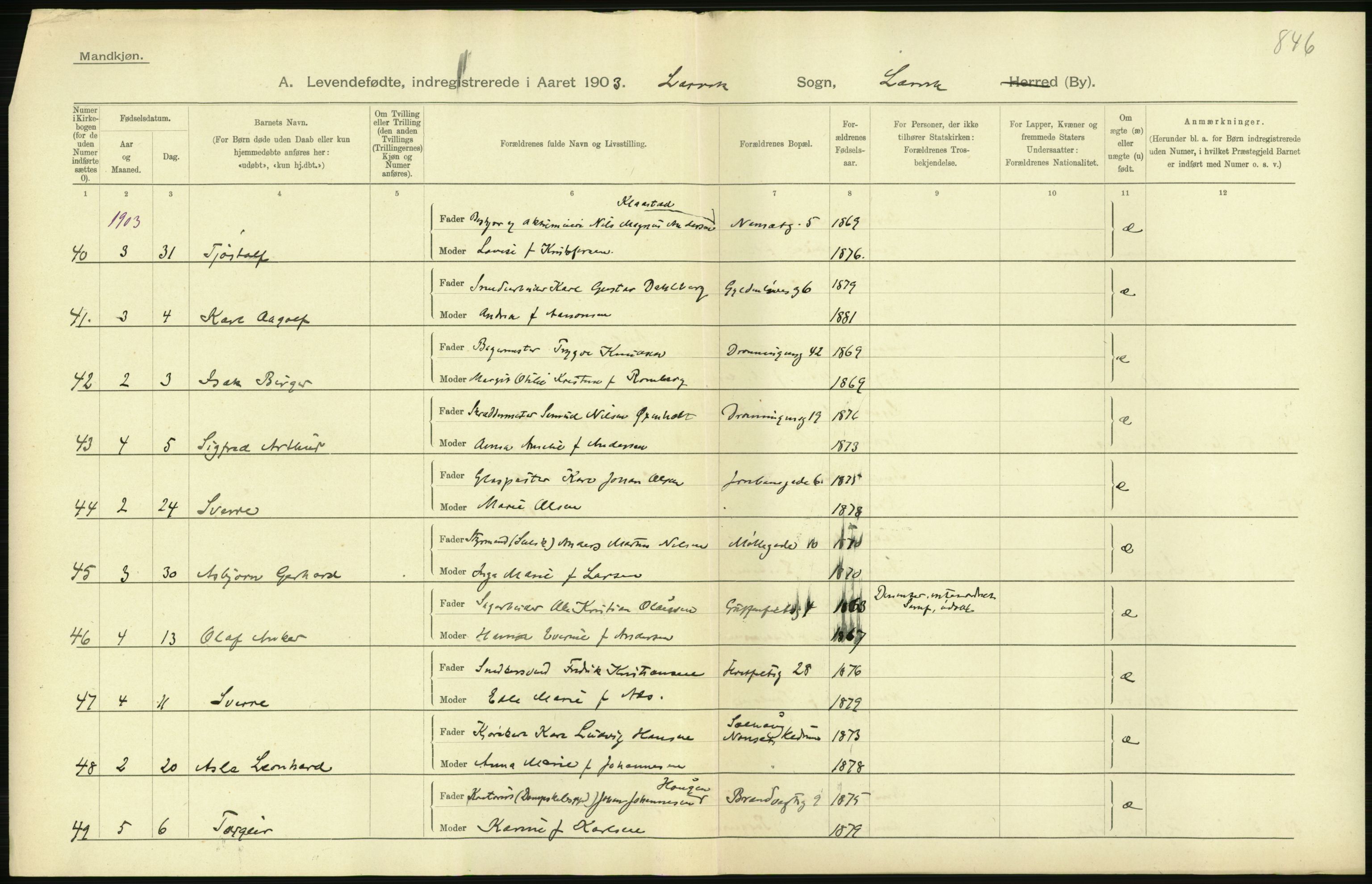 Statistisk sentralbyrå, Sosiodemografiske emner, Befolkning, AV/RA-S-2228/D/Df/Dfa/Dfaa/L0008: Jarlsberg og Larvik amt: Fødte, gifte, døde, 1903, s. 260