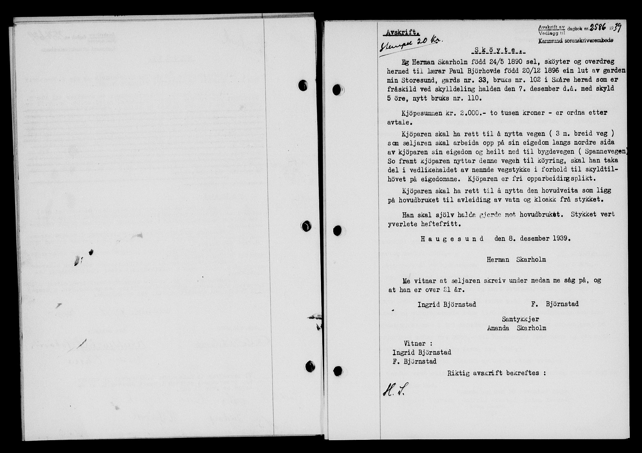 Karmsund sorenskriveri, SAST/A-100311/01/II/IIB/L0072: Pantebok nr. 53A, 1939-1940, Dagboknr: 2586/1939