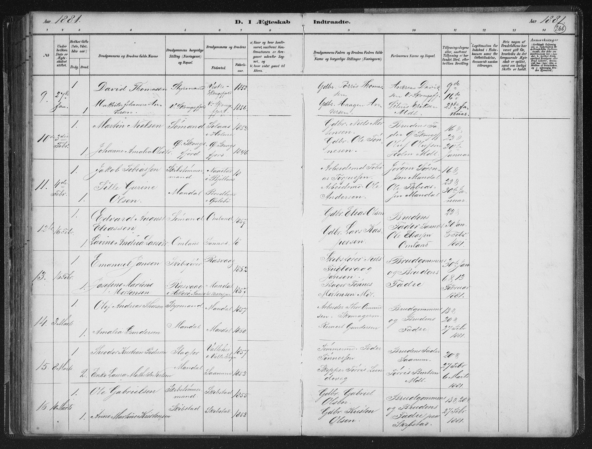 Mandal sokneprestkontor, AV/SAK-1111-0030/F/Fb/Fba/L0011: Klokkerbok nr. B 5, 1880-1898, s. 266