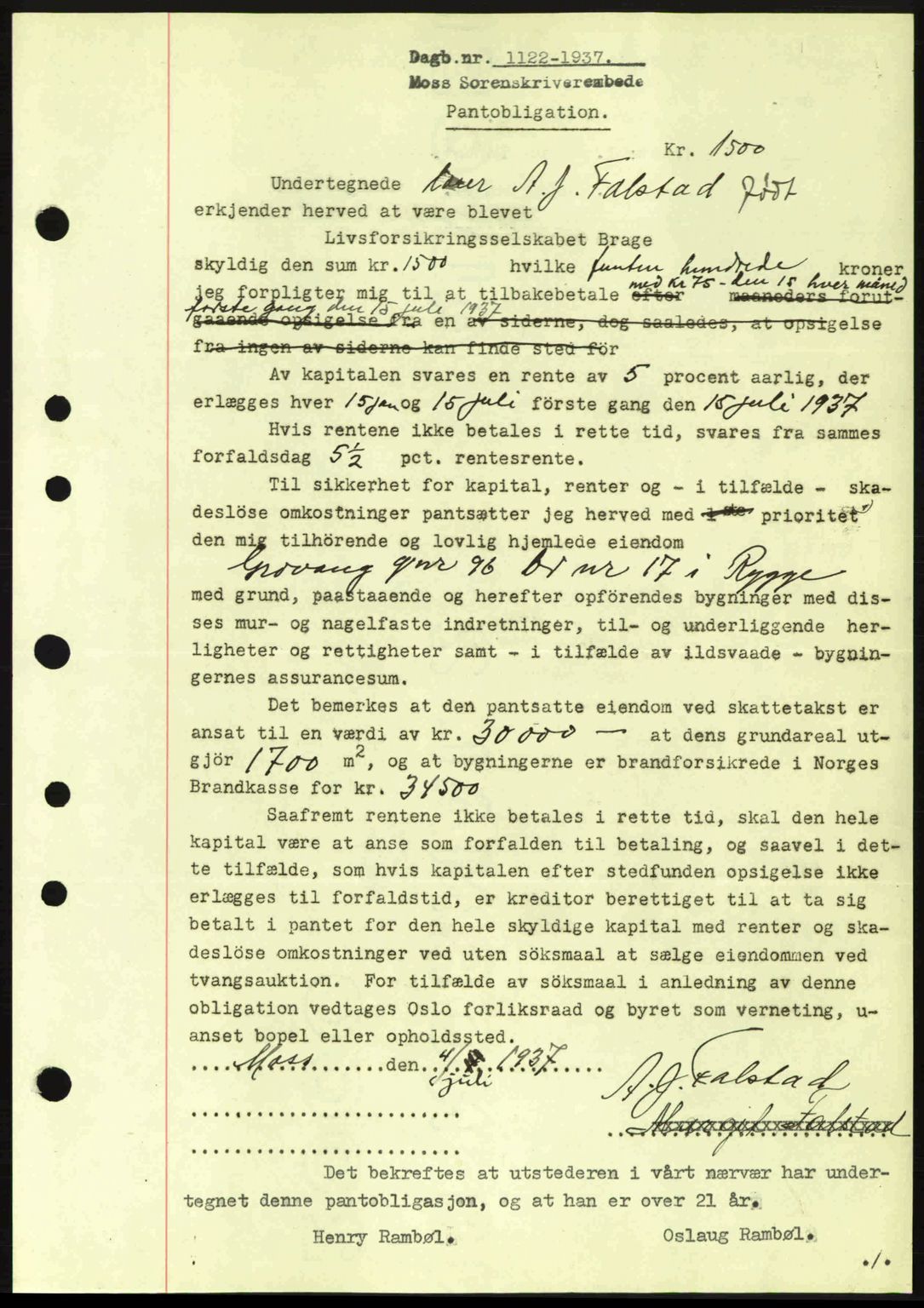 Moss sorenskriveri, SAO/A-10168: Pantebok nr. B3, 1937-1937, Dagboknr: 1122/1937