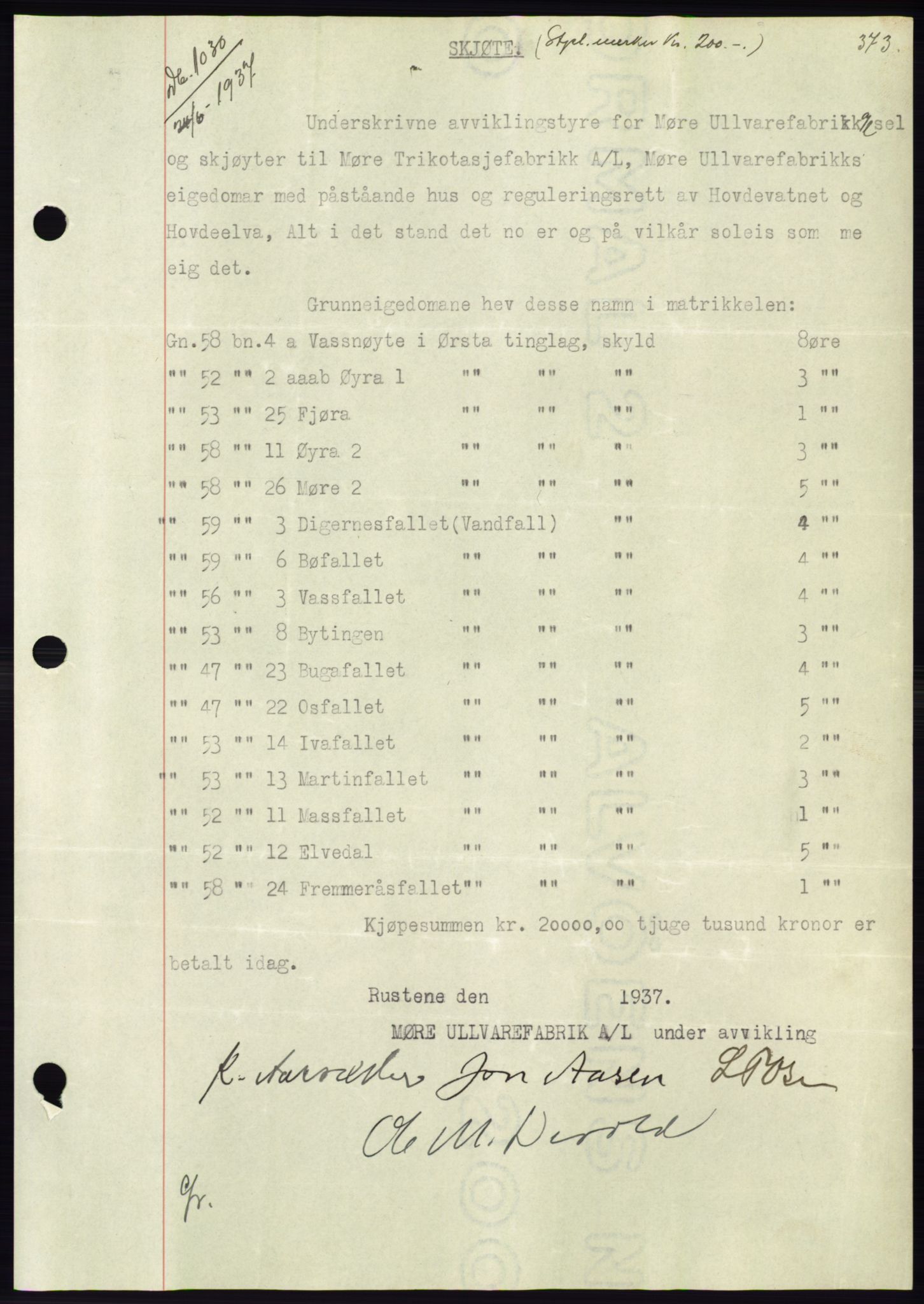 Søre Sunnmøre sorenskriveri, AV/SAT-A-4122/1/2/2C/L0063: Pantebok nr. 57, 1937-1937, Dagboknr: 1030/1937