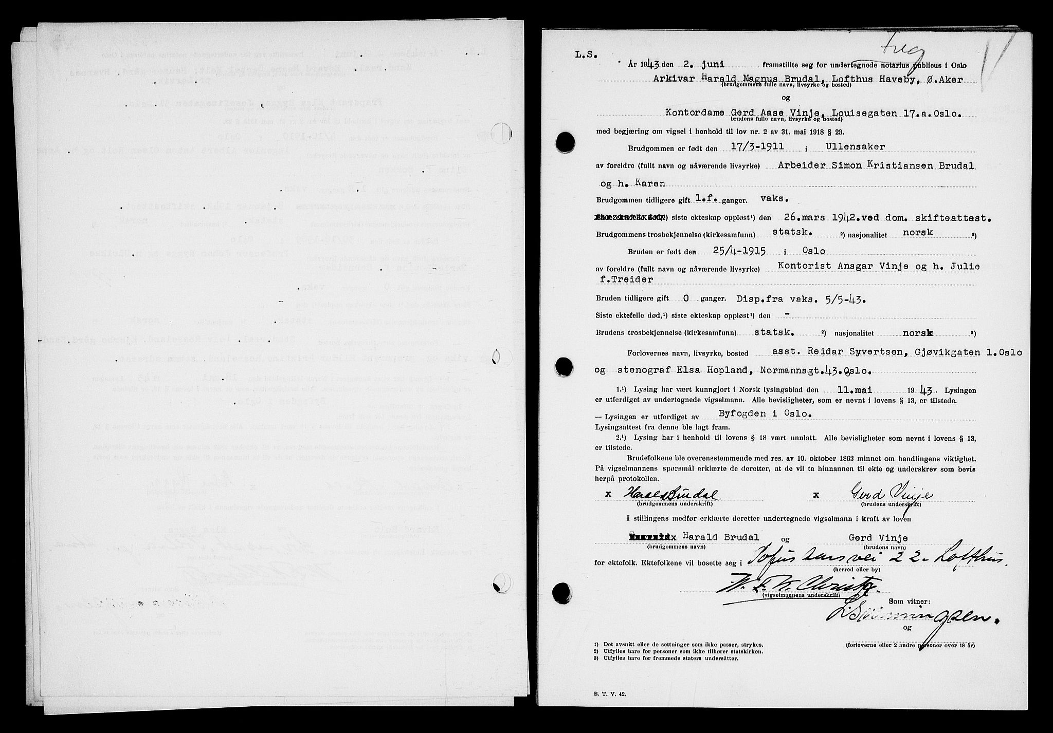 Oslo byfogd avd. I, AV/SAO-A-10220/L/Lb/Lbb/L0045: Notarialprotokoll, rekke II: Vigsler, 1943