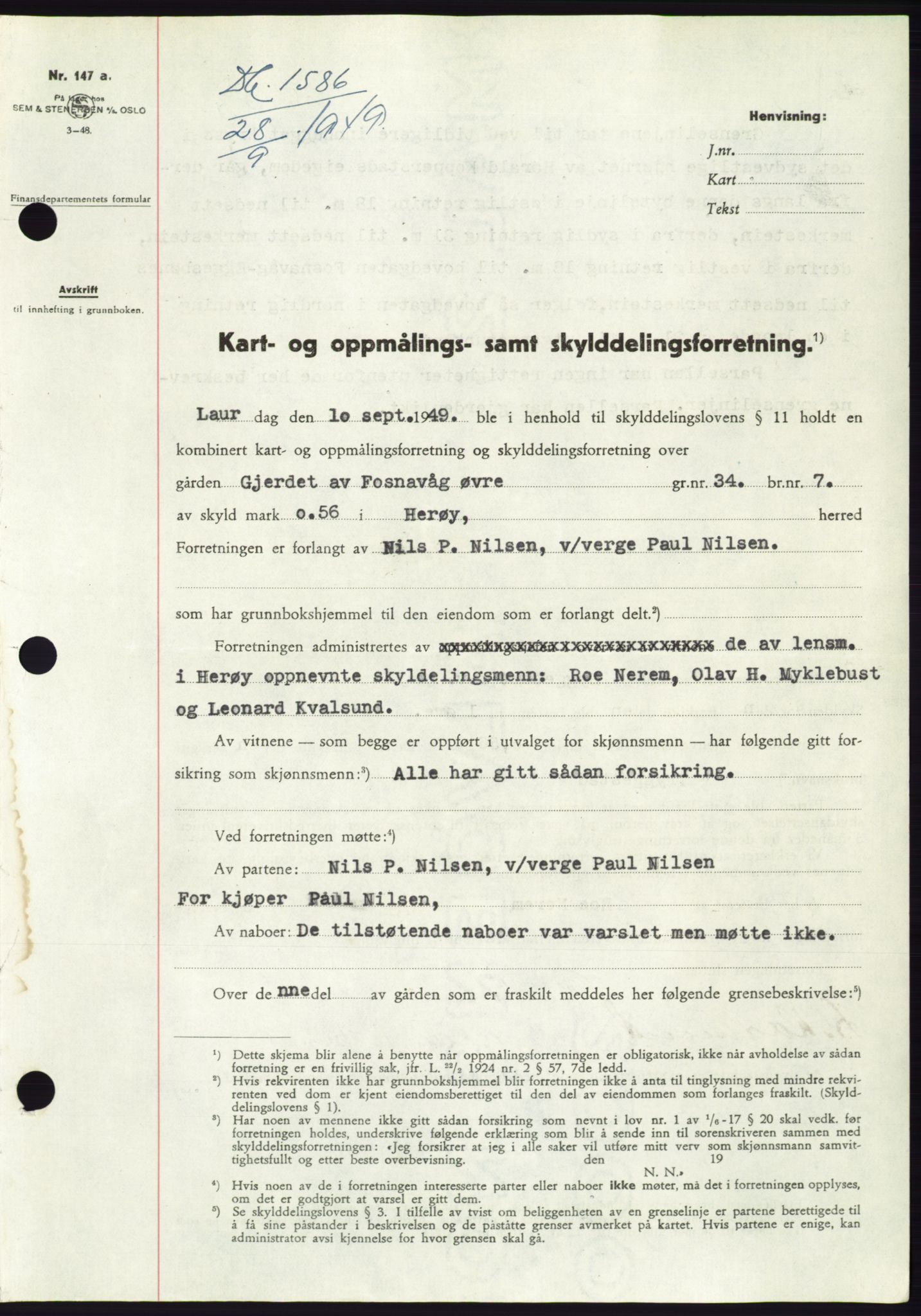 Søre Sunnmøre sorenskriveri, SAT/A-4122/1/2/2C/L0085: Pantebok nr. 11A, 1949-1949, Dagboknr: 1586/1949