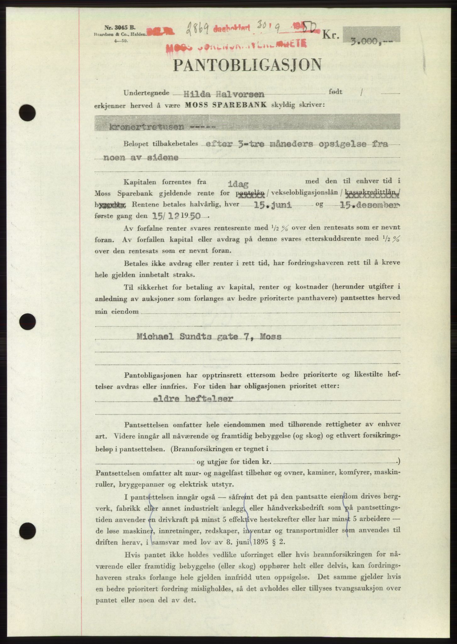 Moss sorenskriveri, SAO/A-10168: Pantebok nr. B25, 1950-1950, Dagboknr: 2869/1950