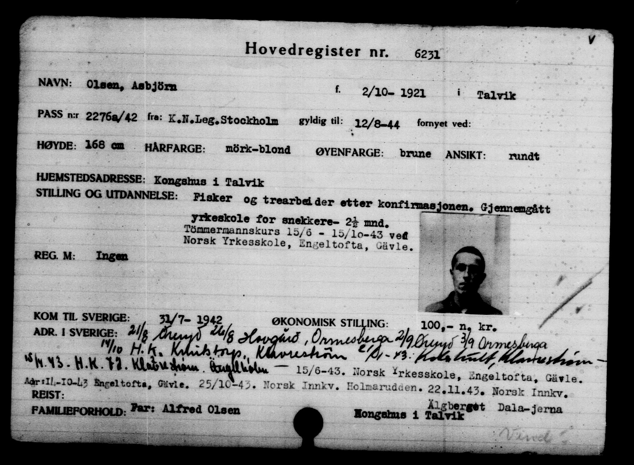 Utenriksstasjonene, Legasjonen i Stockholm, Flyktningkontoret, AV/RA-S-6753/V/Va/L0004: Kjesäterkartoteket, flyktninger med registreringsnr. 3496-6610, 1940-1945, s. 3218
