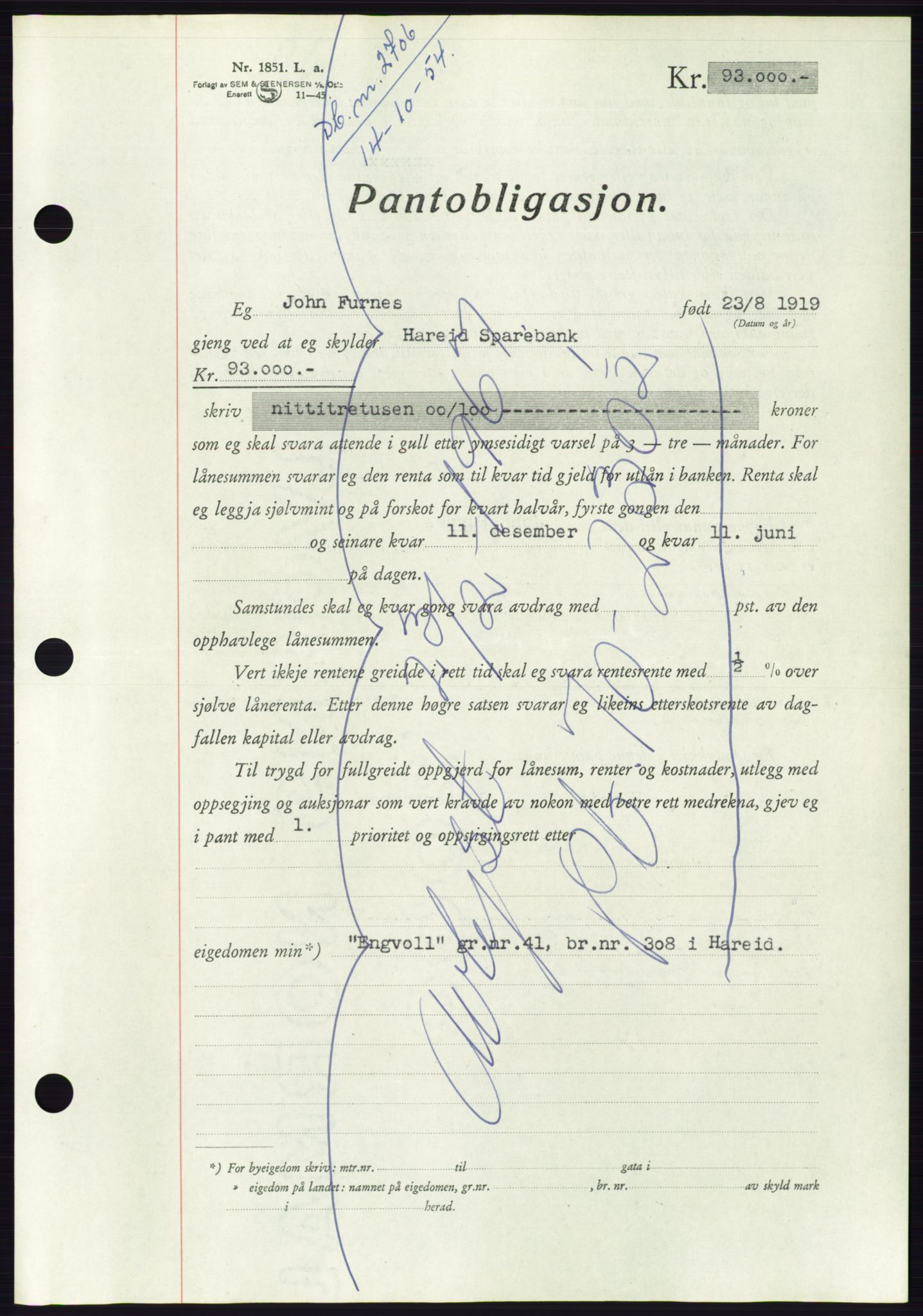 Søre Sunnmøre sorenskriveri, AV/SAT-A-4122/1/2/2C/L0126: Pantebok nr. 14B, 1954-1955, Dagboknr: 2706/1954