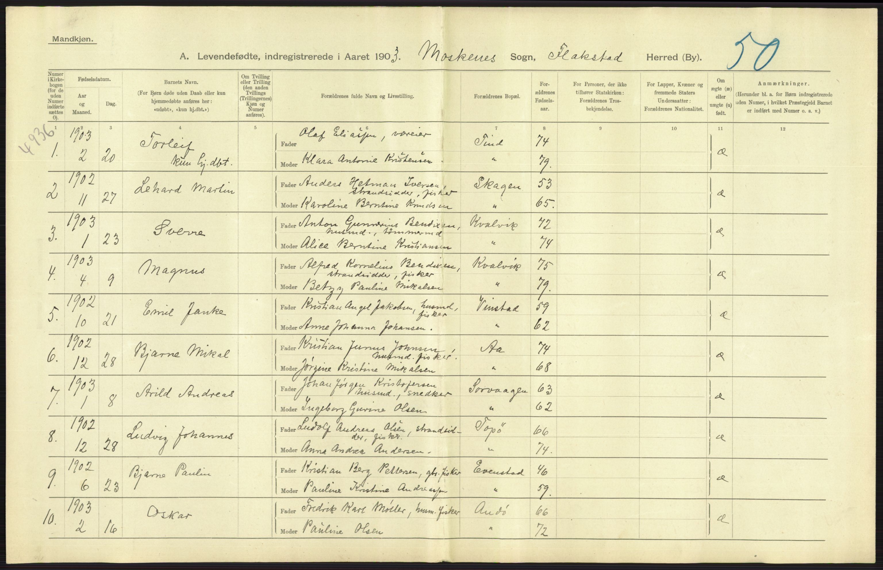 Statistisk sentralbyrå, Sosiodemografiske emner, Befolkning, RA/S-2228/D/Df/Dfa/Dfaa/L0020: Nordlands amt: Fødte, gifte, døde., 1903, s. 1