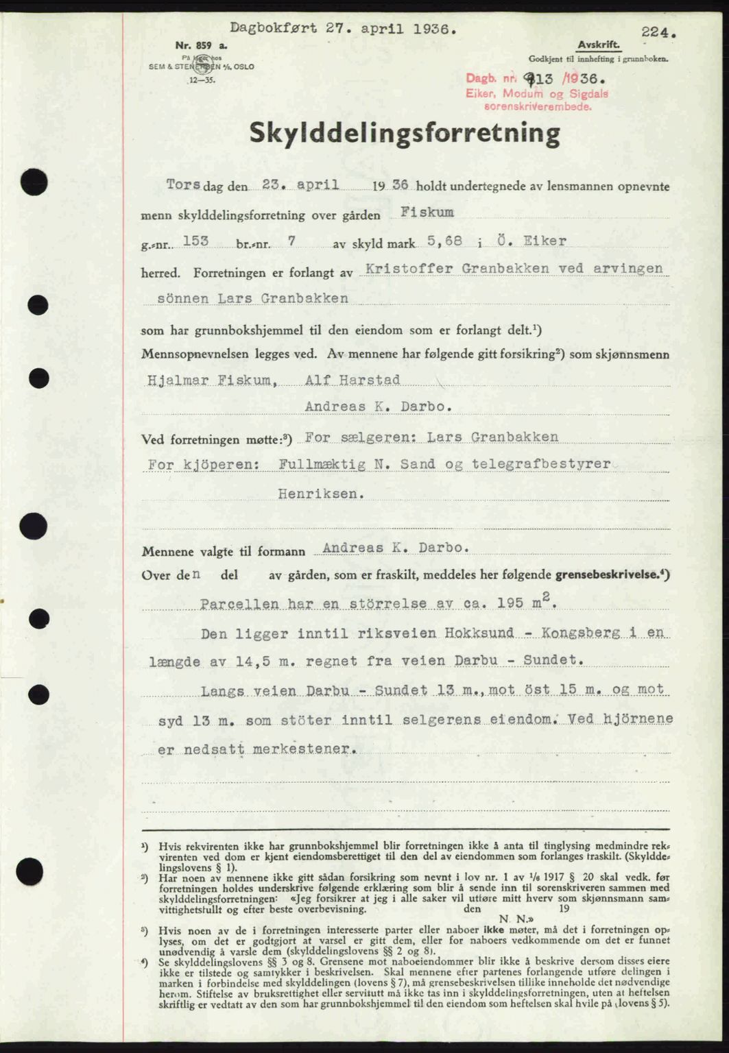 Eiker, Modum og Sigdal sorenskriveri, SAKO/A-123/G/Ga/Gab/L0032: Pantebok nr. A2, 1936-1936, Dagboknr: 913/1936