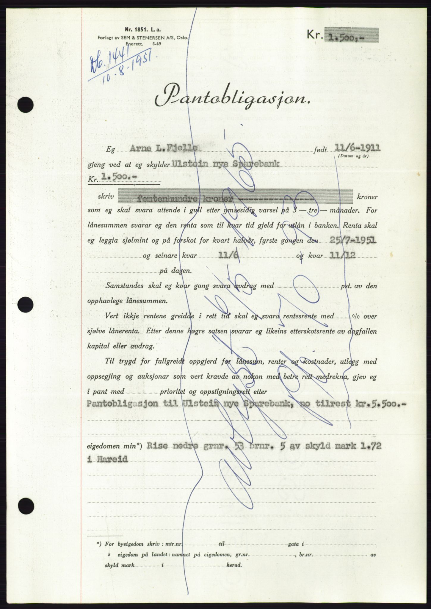 Søre Sunnmøre sorenskriveri, AV/SAT-A-4122/1/2/2C/L0120: Pantebok nr. 8B, 1951-1951, Dagboknr: 1441/1951