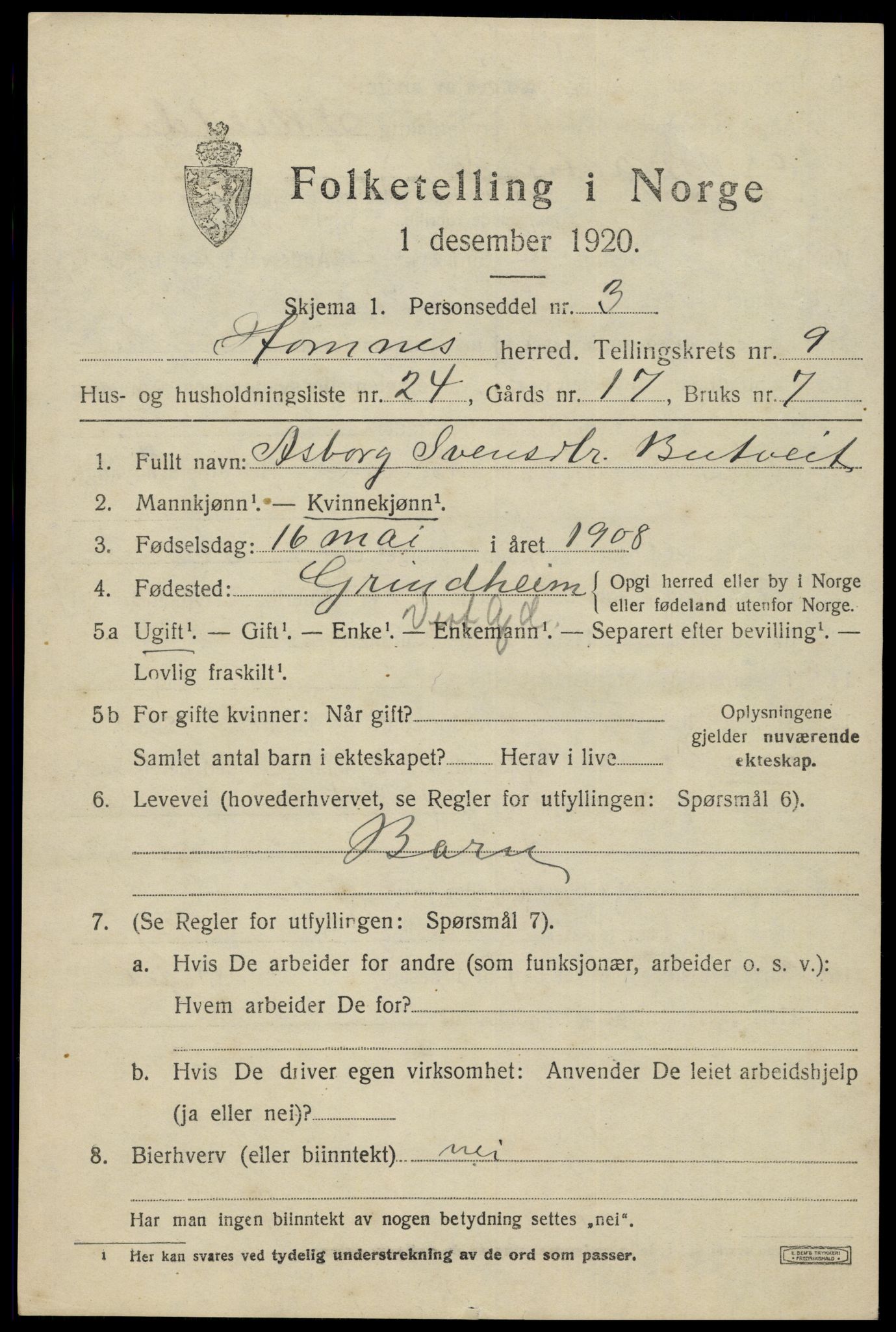 SAK, Folketelling 1920 for 0936 Hornnes herred, 1920, s. 2489
