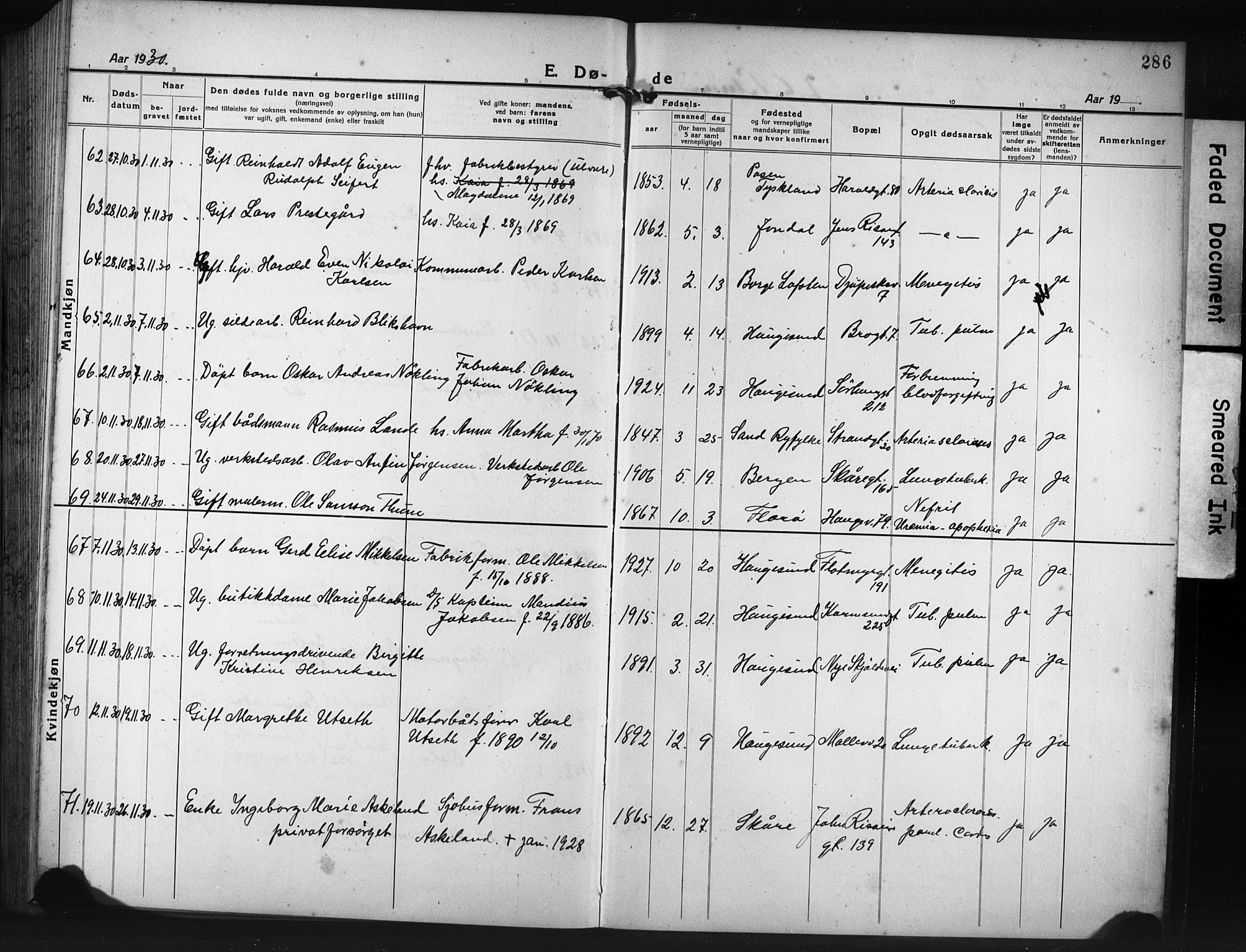 Haugesund sokneprestkontor, AV/SAST-A -101863/H/Ha/Hab/L0010: Klokkerbok nr. B 10, 1920-1931, s. 286
