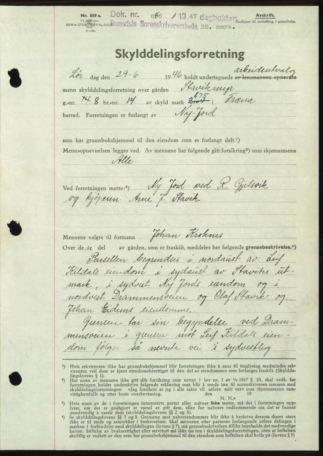 Romsdal sorenskriveri, AV/SAT-A-4149/1/2/2C: Pantebok nr. A22, 1947-1947, Dagboknr: 646/1947