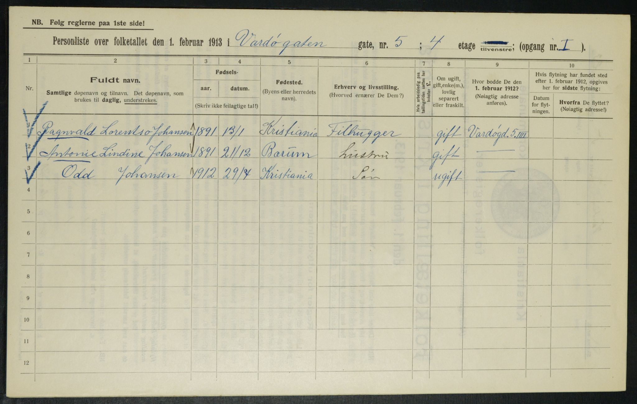 OBA, Kommunal folketelling 1.2.1913 for Kristiania, 1913, s. 121794