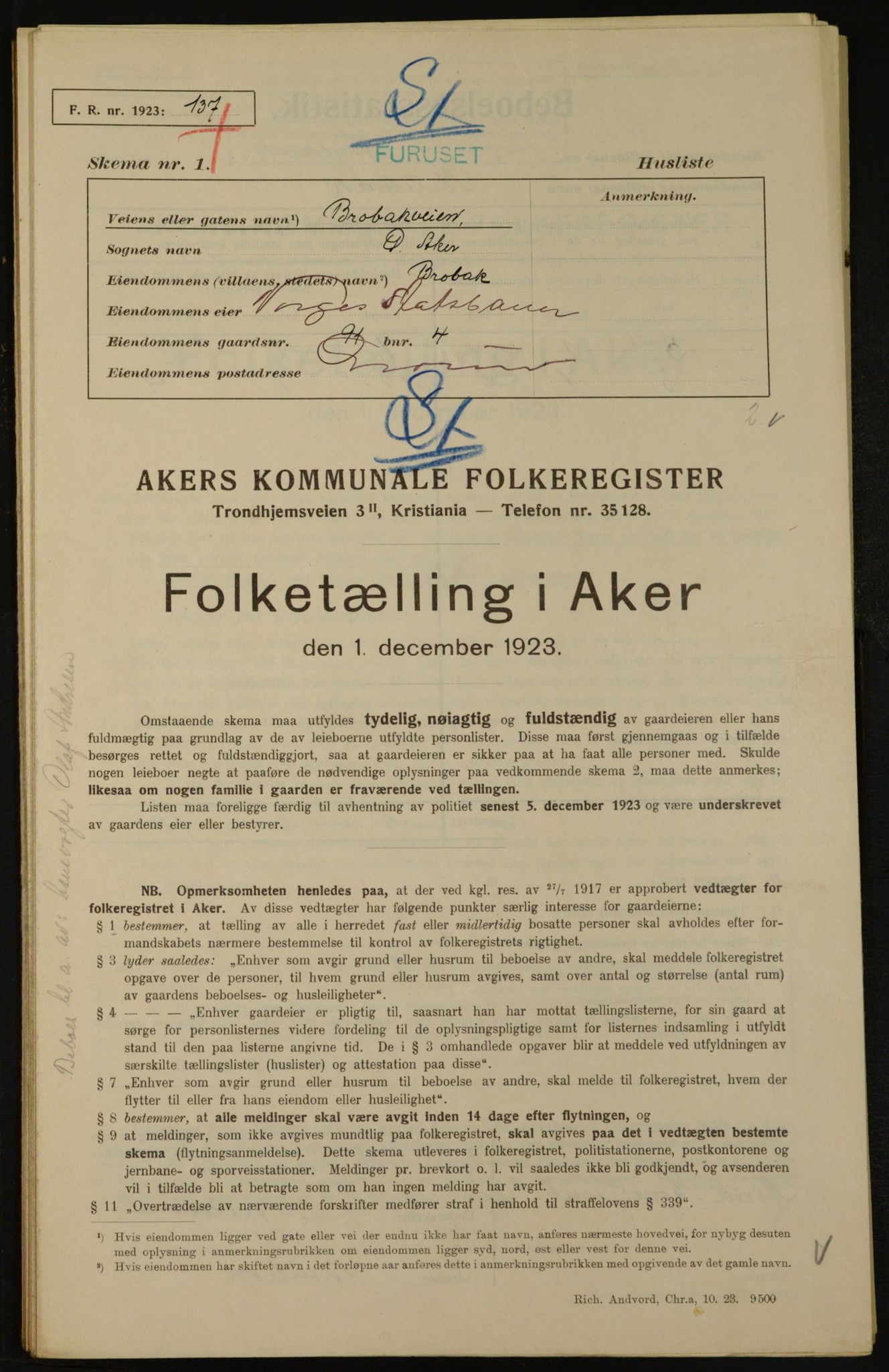 , Kommunal folketelling 1.12.1923 for Aker, 1923, s. 23053