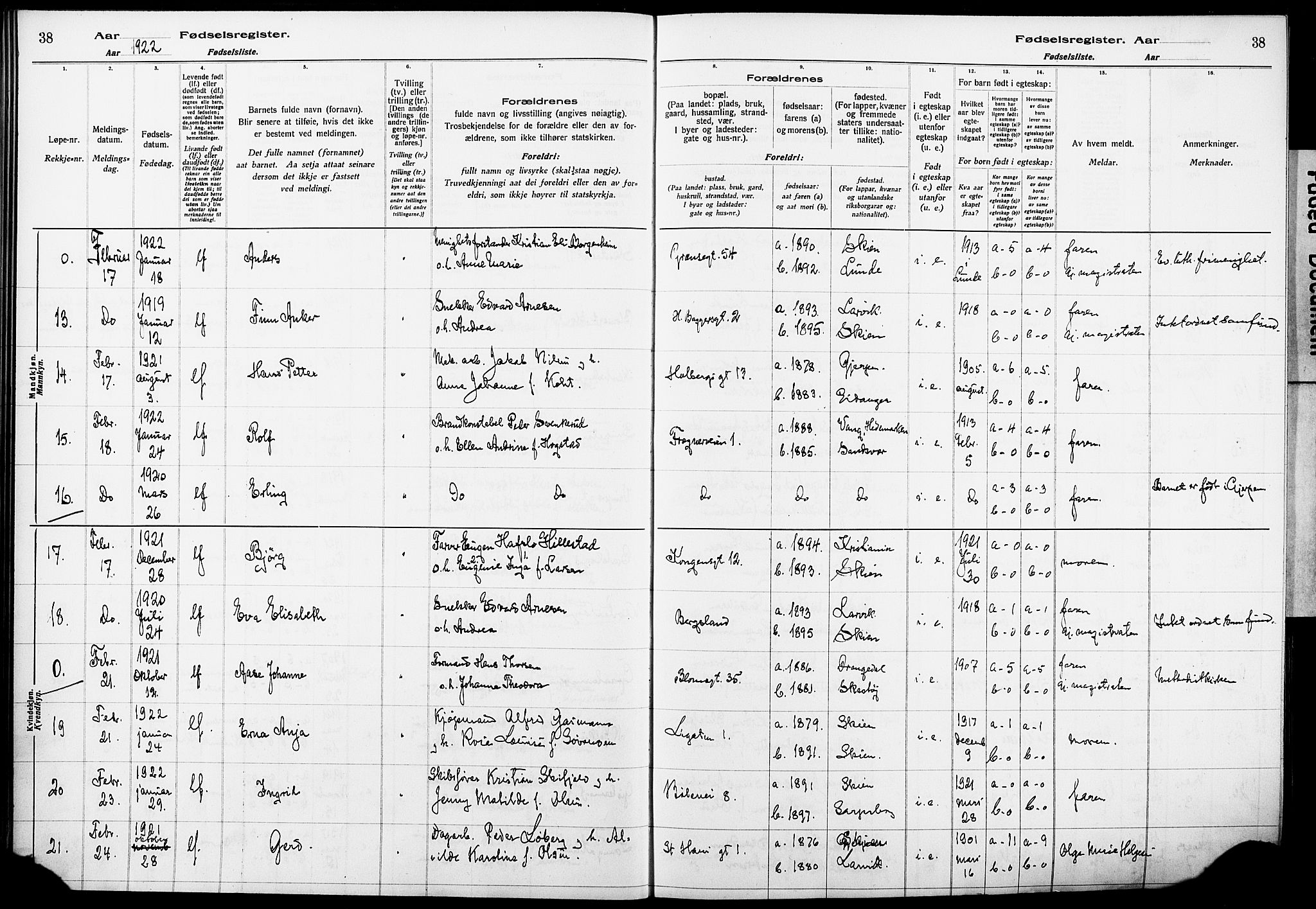 Skien kirkebøker, AV/SAKO-A-302/J/Ja/L0002: Fødselsregister nr. 2, 1921-1927, s. 38