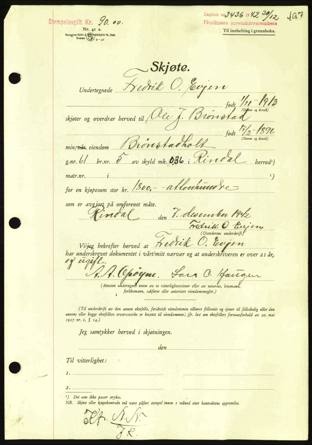 Nordmøre sorenskriveri, AV/SAT-A-4132/1/2/2Ca: Pantebok nr. A94, 1942-1943, Dagboknr: 3436/1942