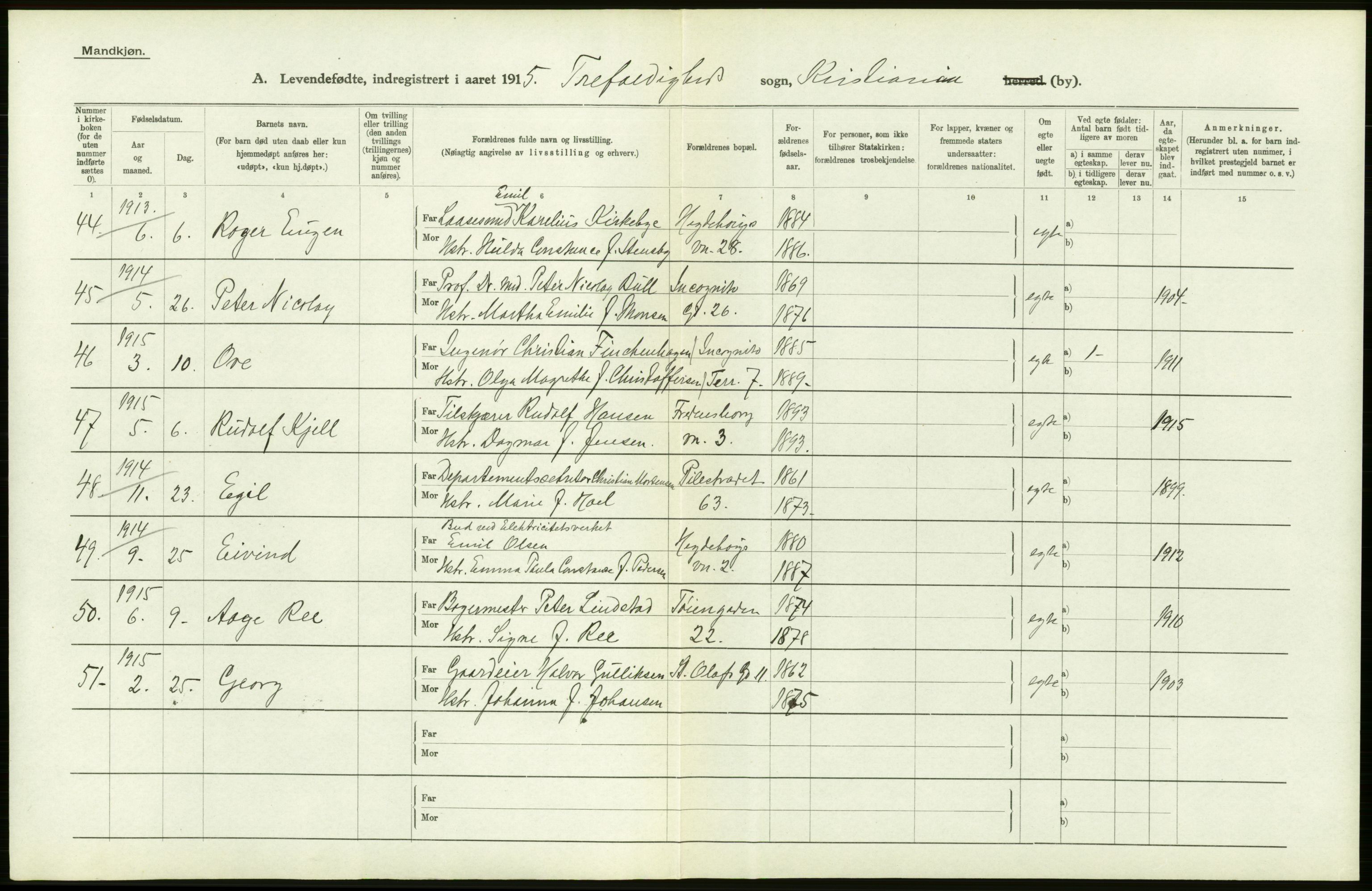 Statistisk sentralbyrå, Sosiodemografiske emner, Befolkning, AV/RA-S-2228/D/Df/Dfb/Dfbe/L0007: Kristiania: Levendefødte menn og kvinner., 1915, s. 388