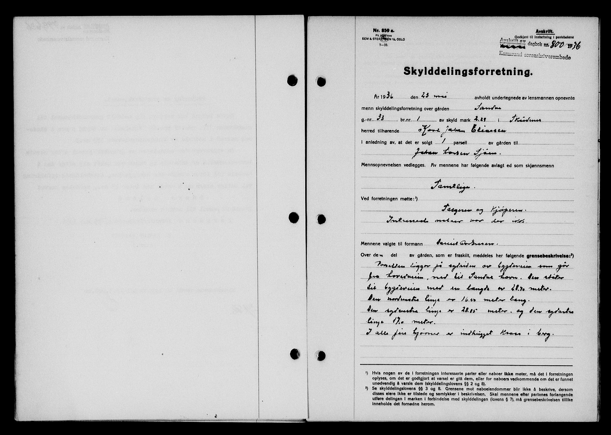 Karmsund sorenskriveri, SAST/A-100311/01/II/IIB/L0066: Pantebok nr. 47A, 1936-1936, Dagboknr: 800/1936