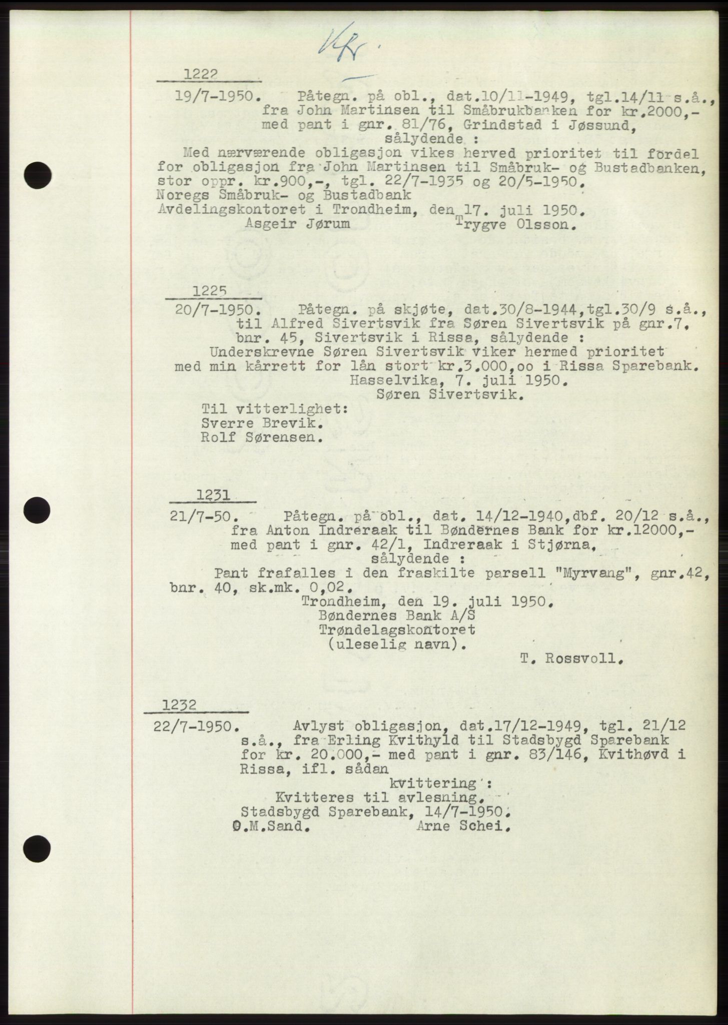 Fosen sorenskriveri, AV/SAT-A-1107/1/2/2C: Pantebok nr. B3, 1948-1950, Dagboknr: 1222/1950