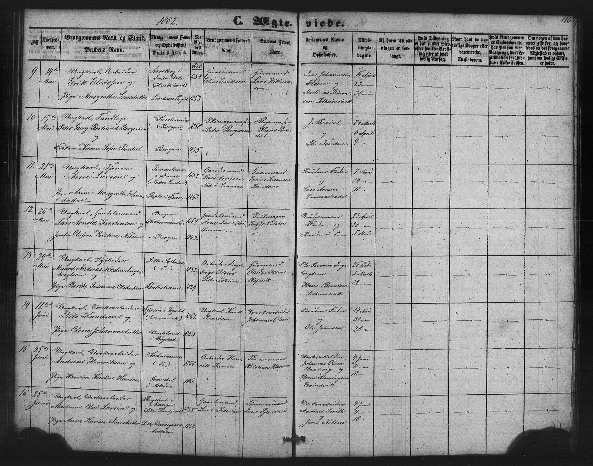 St. Jørgens hospital og Årstad sokneprestembete, AV/SAB-A-99934: Klokkerbok nr. A 7, 1854-1886, s. 110