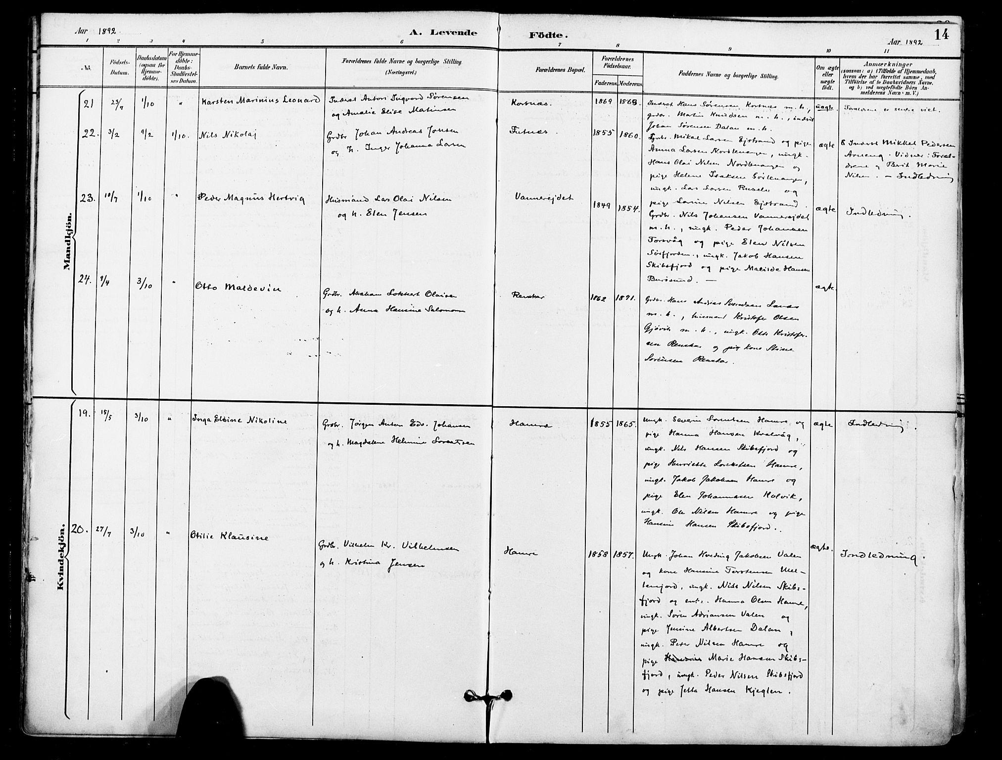 Karlsøy sokneprestembete, AV/SATØ-S-1299/H/Ha/Haa/L0007kirke: Ministerialbok nr. 7, 1891-1902, s. 14