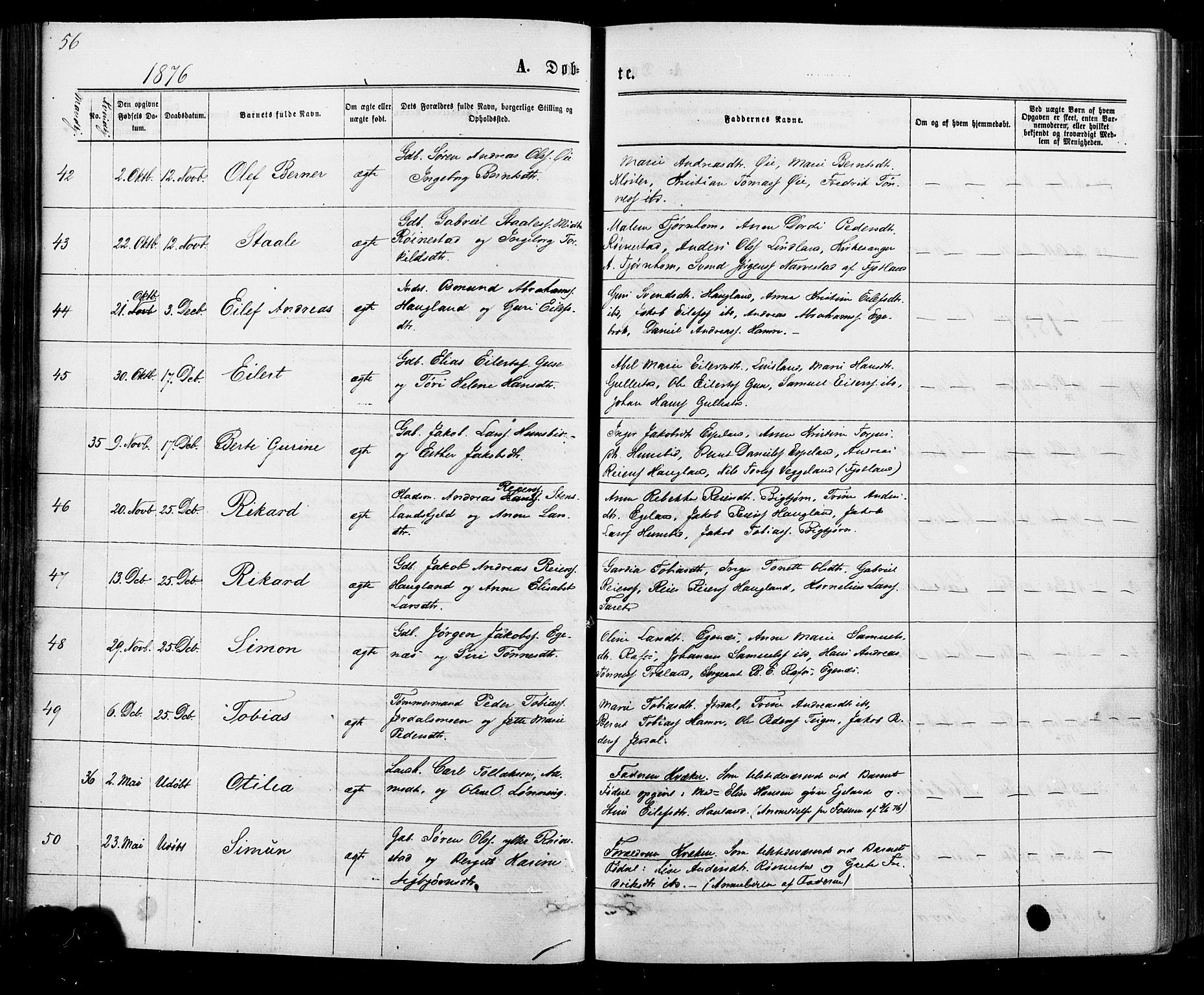 Kvinesdal sokneprestkontor, SAK/1111-0026/F/Fa/Fab/L0007: Ministerialbok nr. A 7, 1870-1885, s. 56