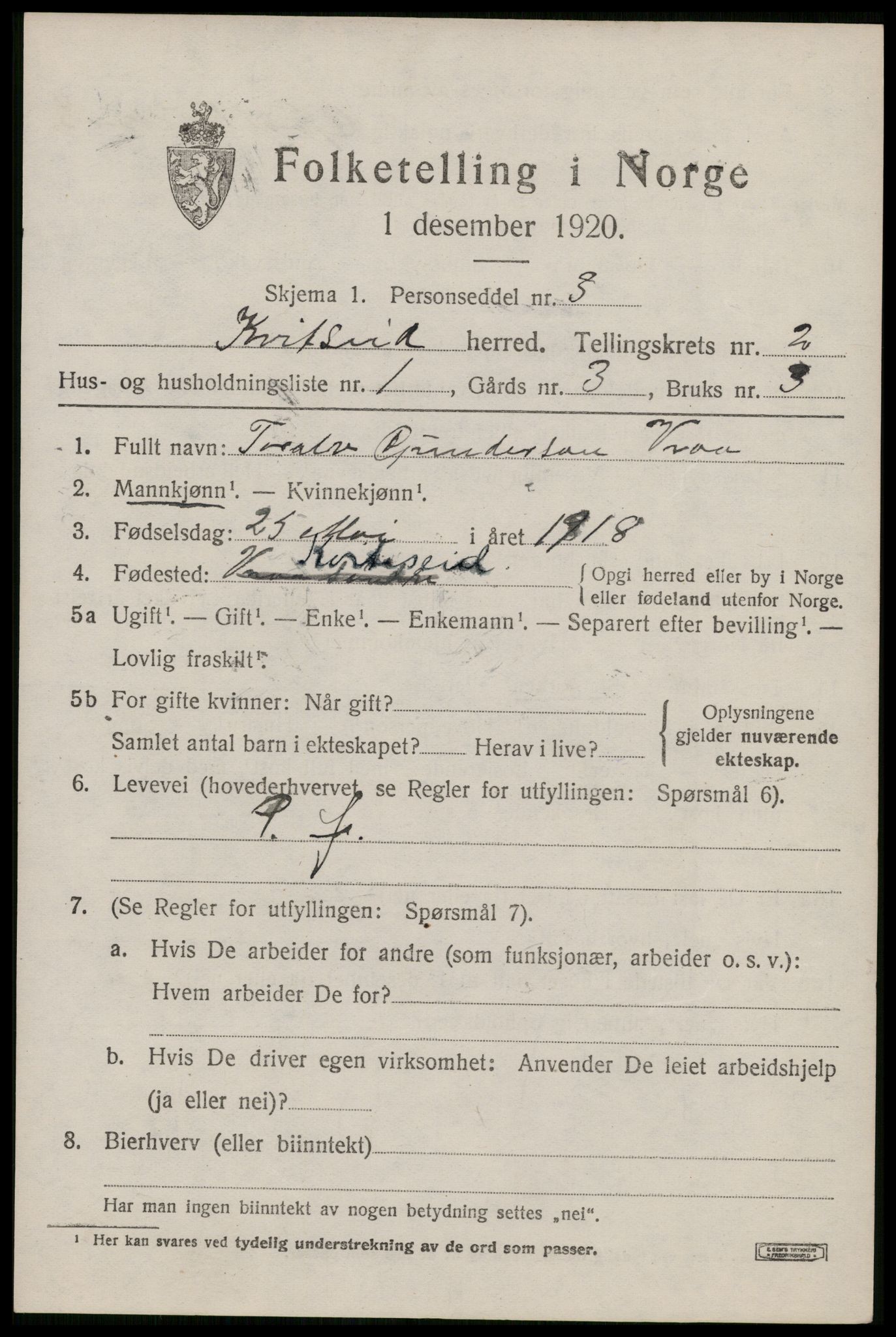 SAKO, Folketelling 1920 for 0829 Kviteseid herred, 1920, s. 2083