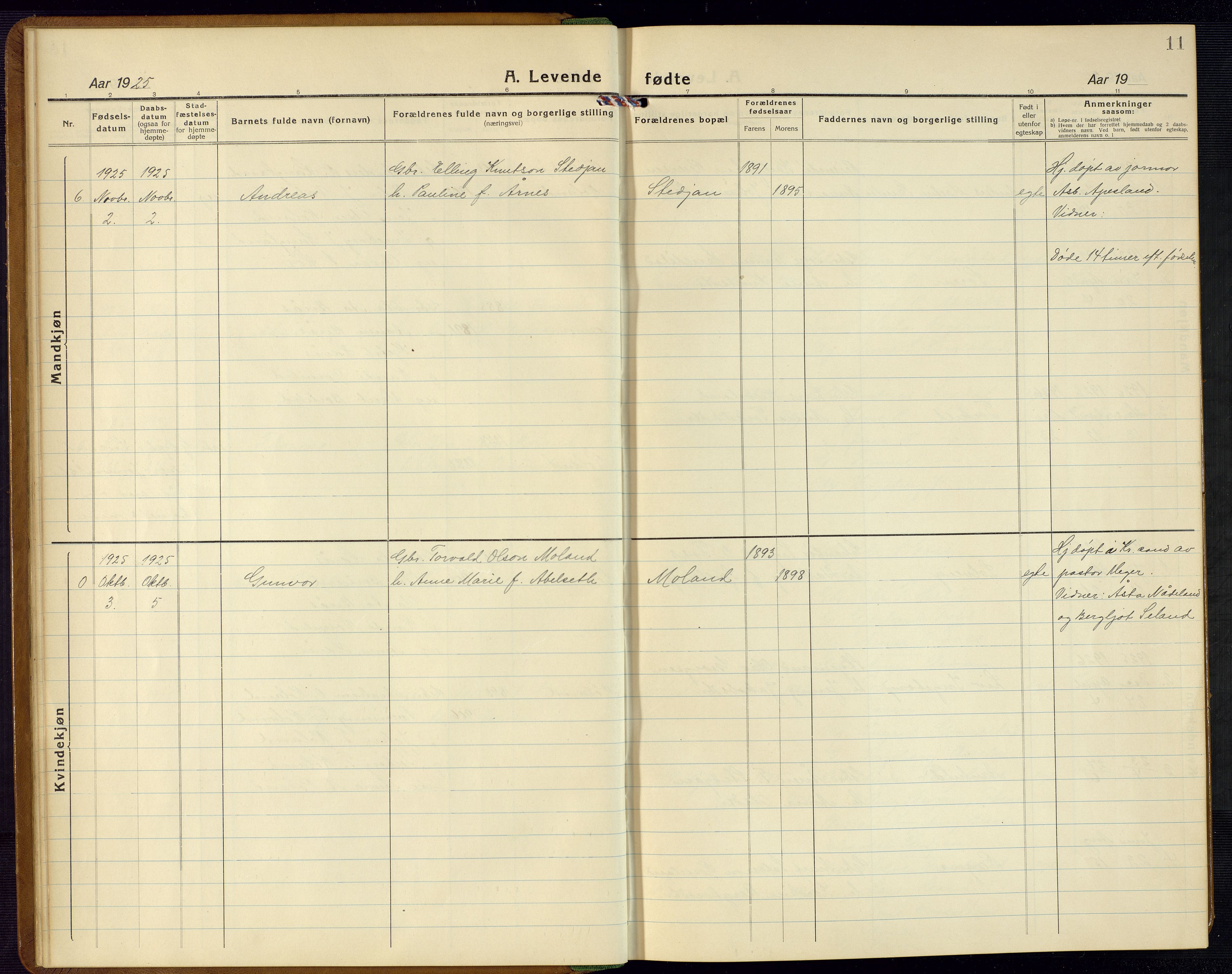 Bjelland sokneprestkontor, AV/SAK-1111-0005/F/Fb/Fba/L0006: Klokkerbok nr. B 6, 1923-1956, s. 11
