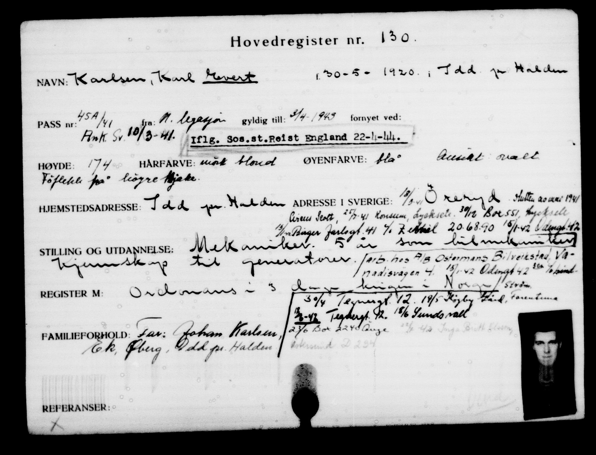 Utenriksstasjonene, Legasjonen i Stockholm, Flyktningkontoret, AV/RA-S-6753/V/Va/L0001: Kjesäterkartoteket, flyktninger med registreringsnr. 1-1000, 1940-1945, s. 212