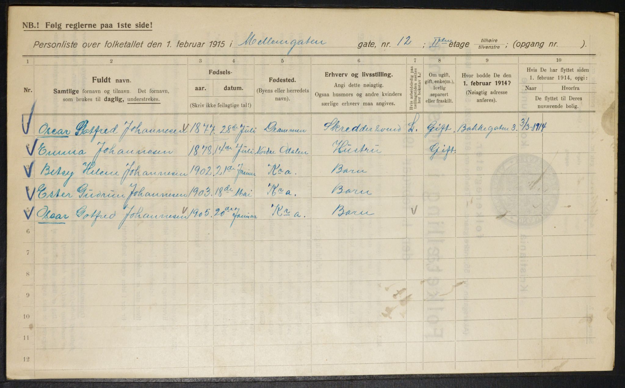 OBA, Kommunal folketelling 1.2.1915 for Kristiania, 1915, s. 64550