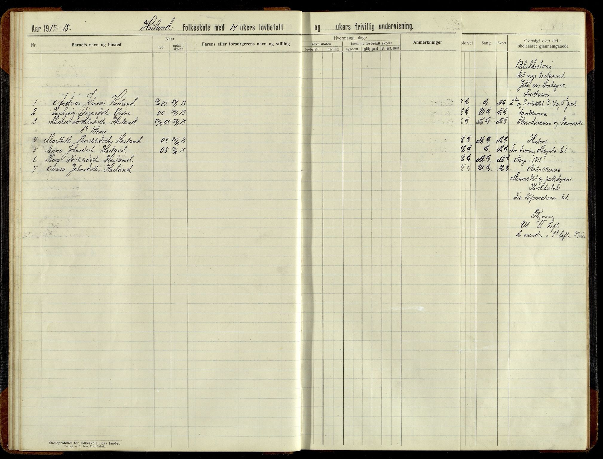 Grindheim kommune - Høyland Skolekrets, ARKSOR/1027GR551/H/L0002: Skoleprotokoll (d), 1913-1956