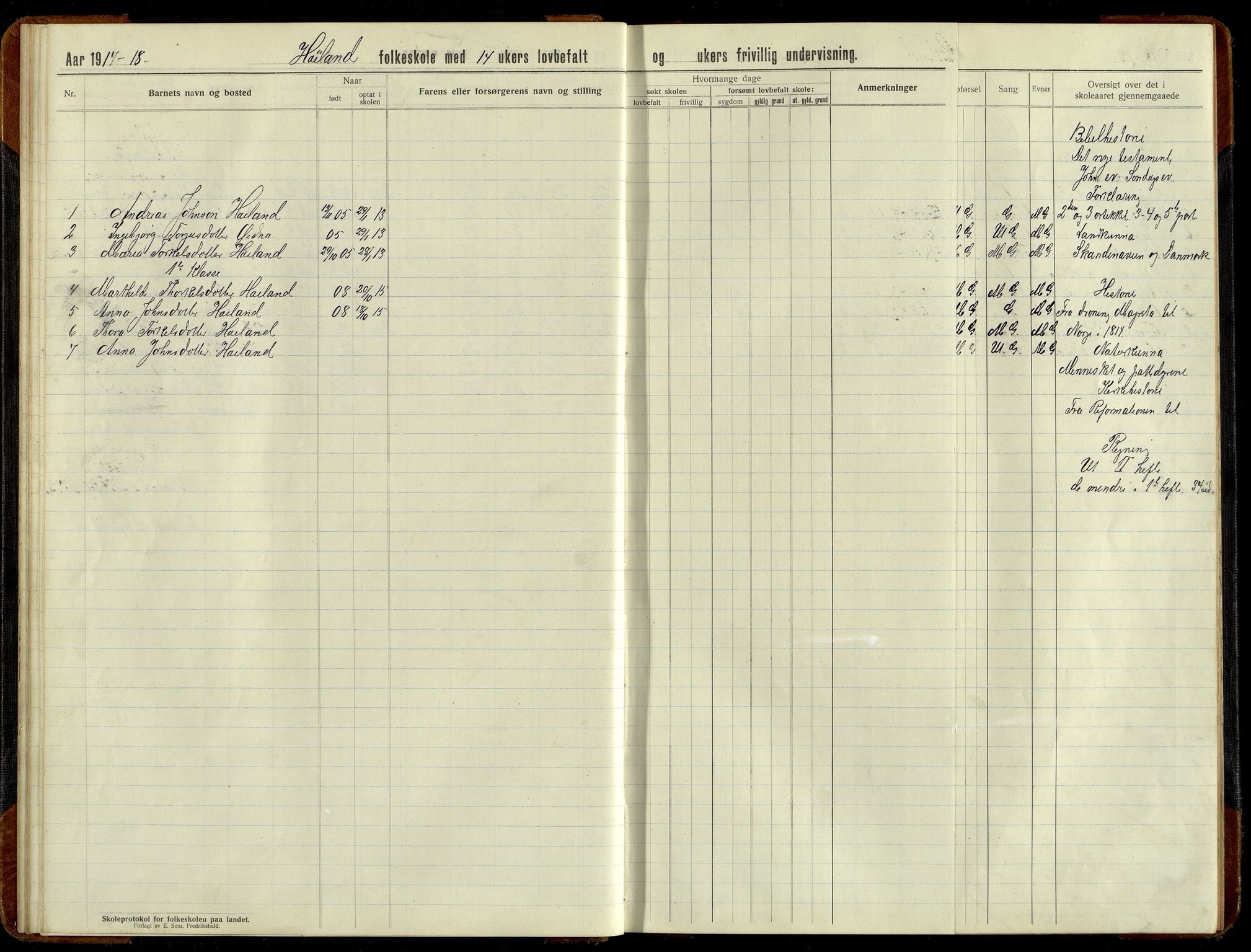 Grindheim kommune - Høyland Skolekrets, IKAV/1027GR551/H/L0002: Skoleprotokoll (d), 1913-1956