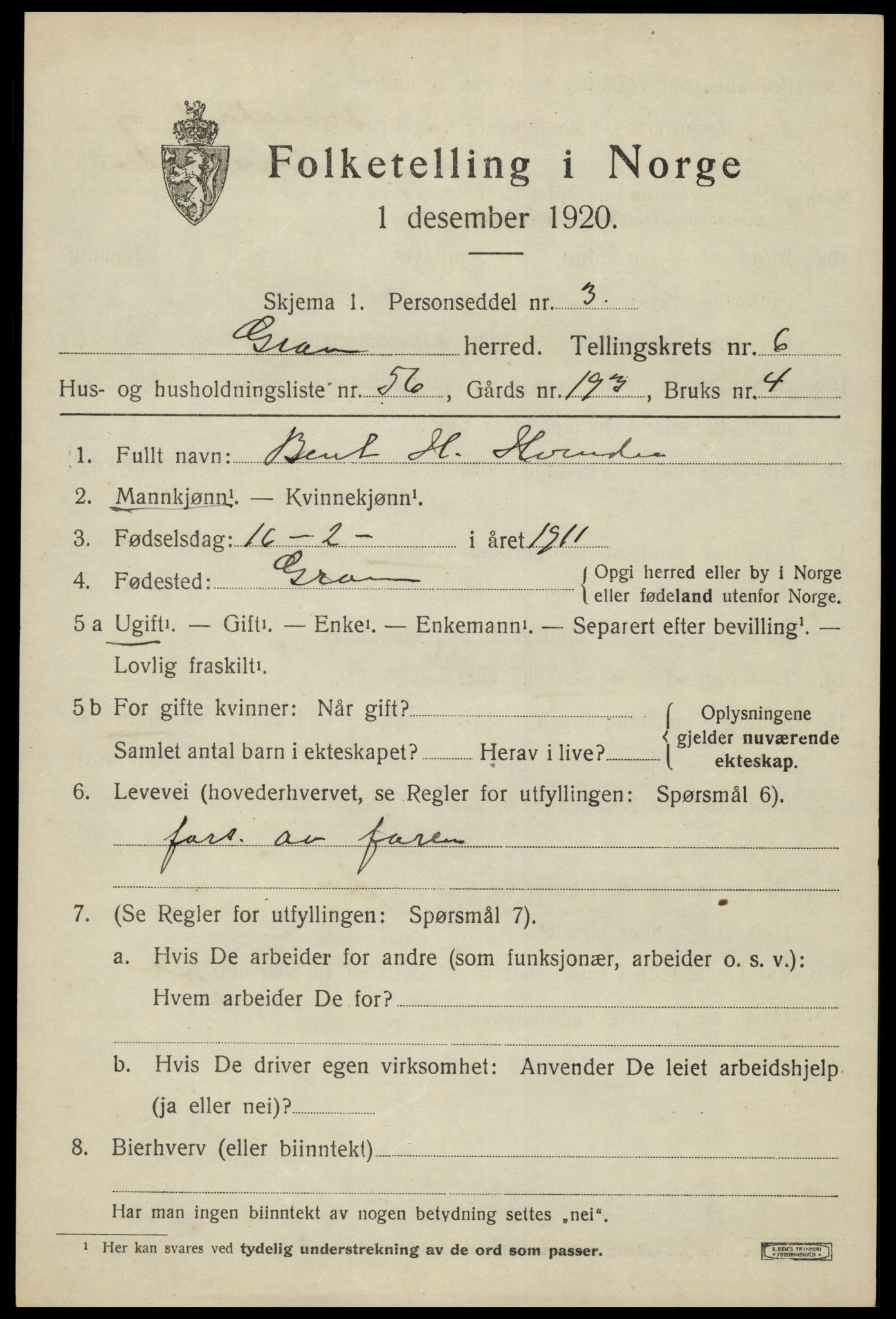 SAH, Folketelling 1920 for 0534 Gran herred, 1920, s. 8945