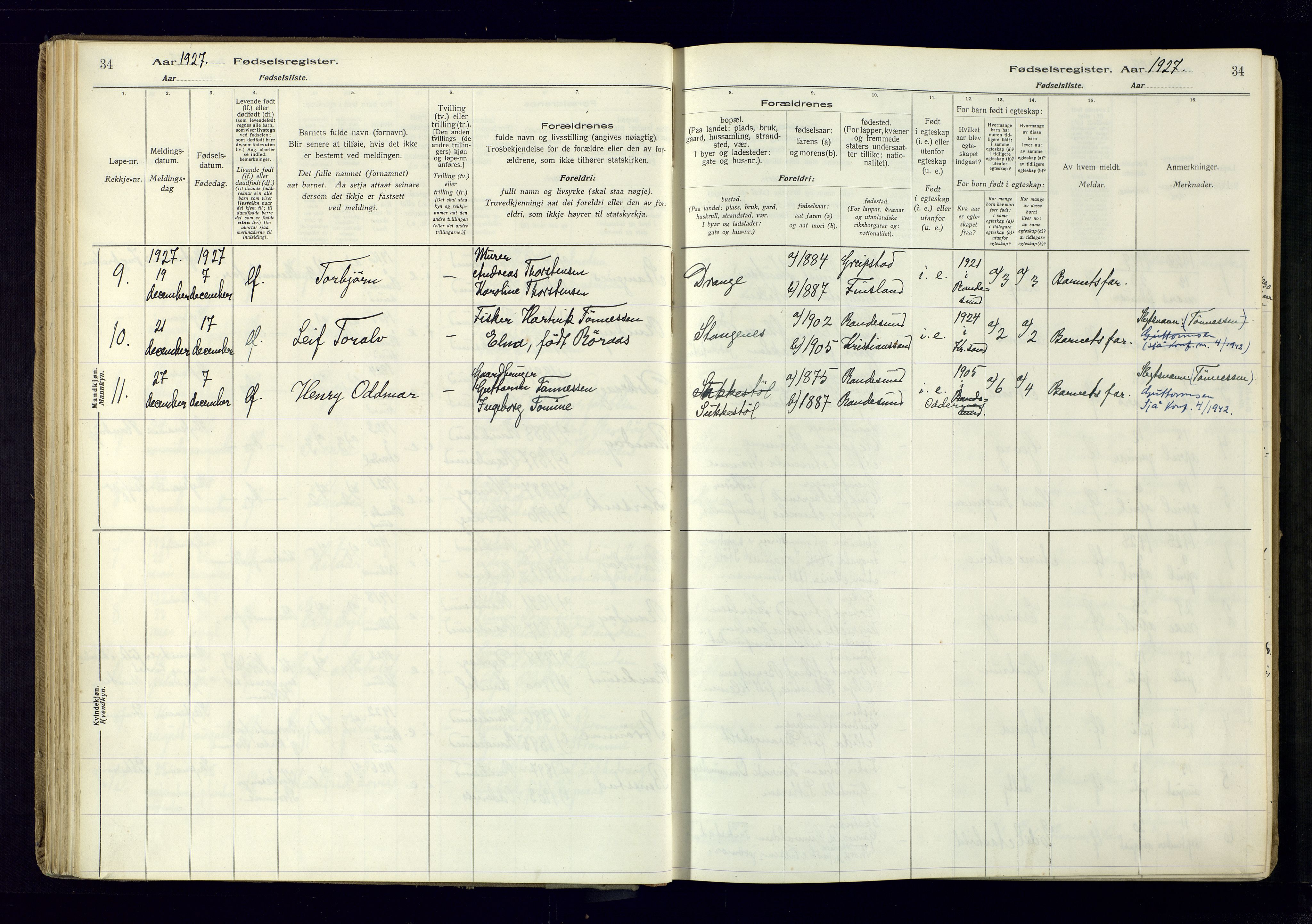 Oddernes sokneprestkontor, AV/SAK-1111-0033/J/Ja/L0007: Fødselsregister nr. 7, 1916-1971, s. 34