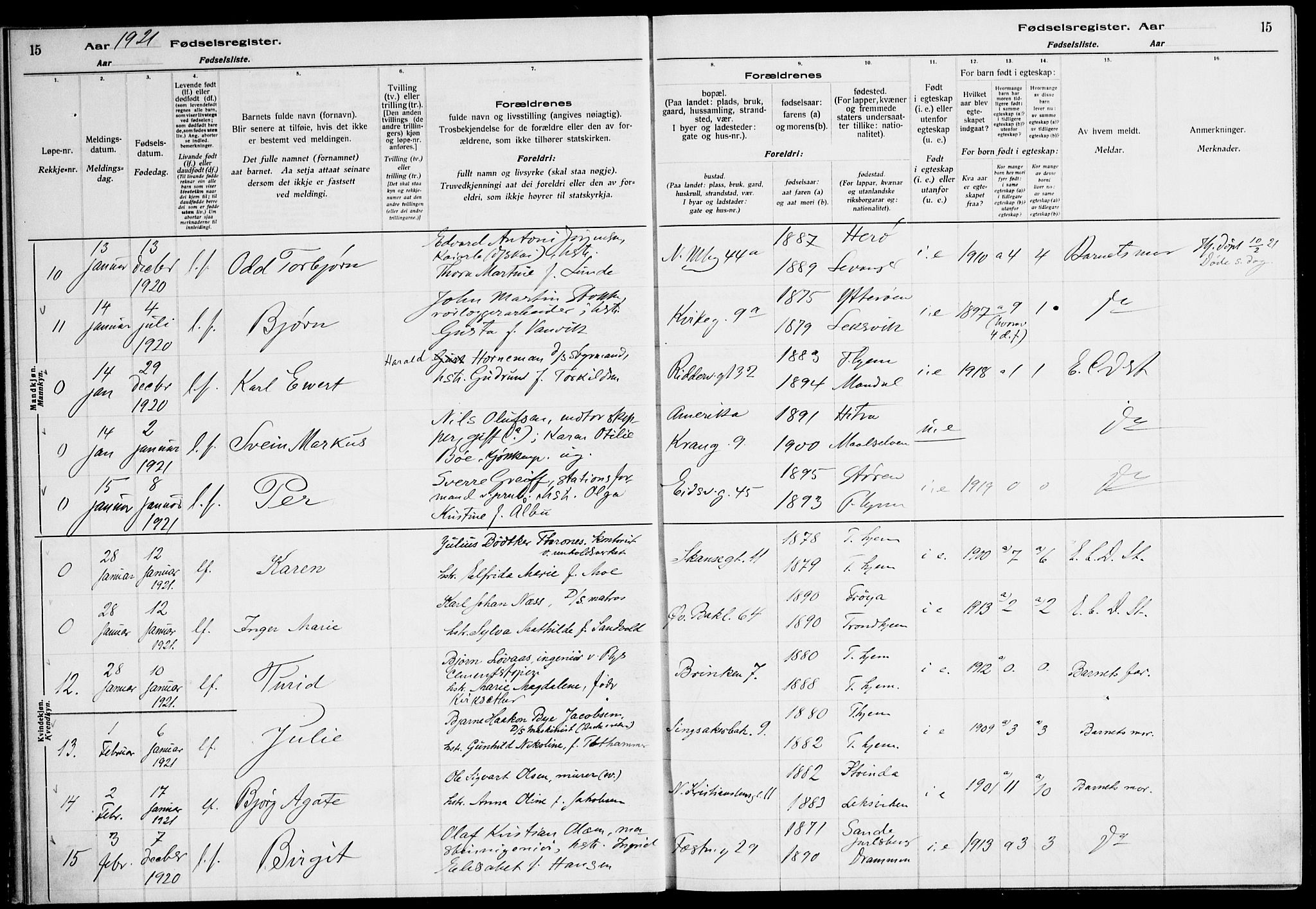 Ministerialprotokoller, klokkerbøker og fødselsregistre - Sør-Trøndelag, SAT/A-1456/604/L0233: Fødselsregister nr. 604.II.4.2, 1920-1928, s. 15