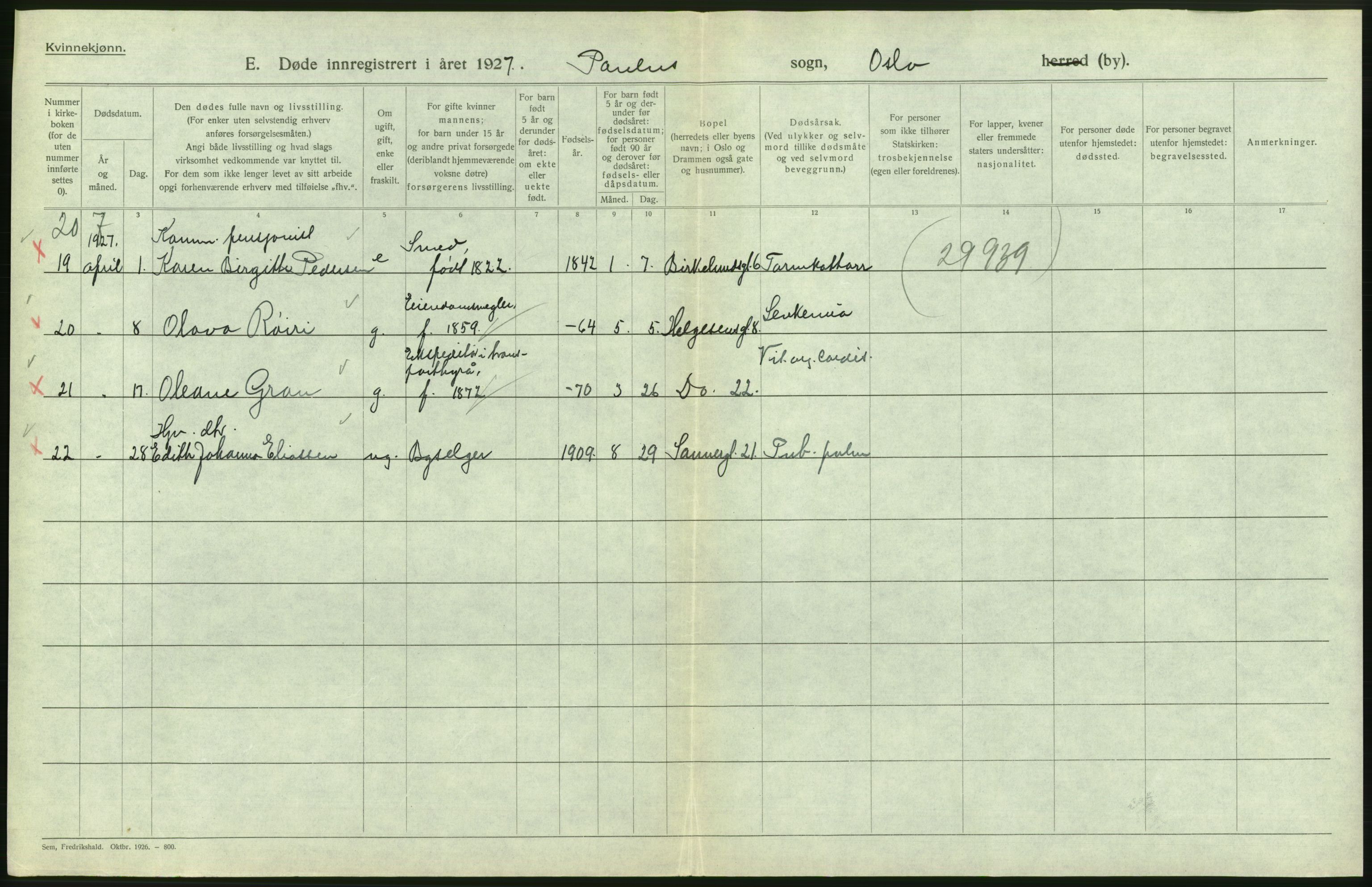 Statistisk sentralbyrå, Sosiodemografiske emner, Befolkning, AV/RA-S-2228/D/Df/Dfc/Dfcg/L0010: Oslo: Døde kvinner, dødfødte, 1927, s. 434