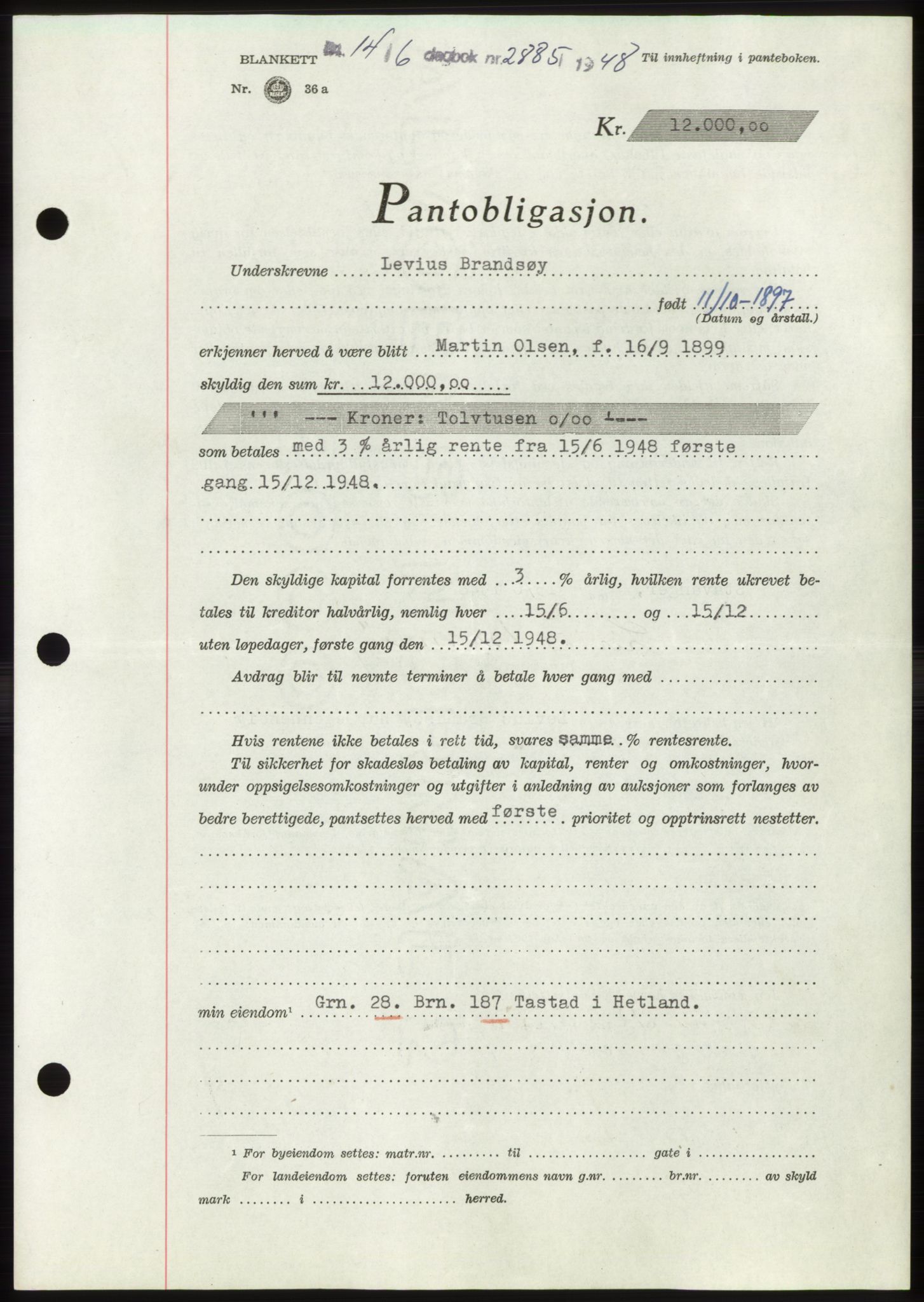 Jæren sorenskriveri, SAST/A-100310/03/G/Gba/L0099: Pantebok, 1948-1948, Dagboknr: 2885/1948